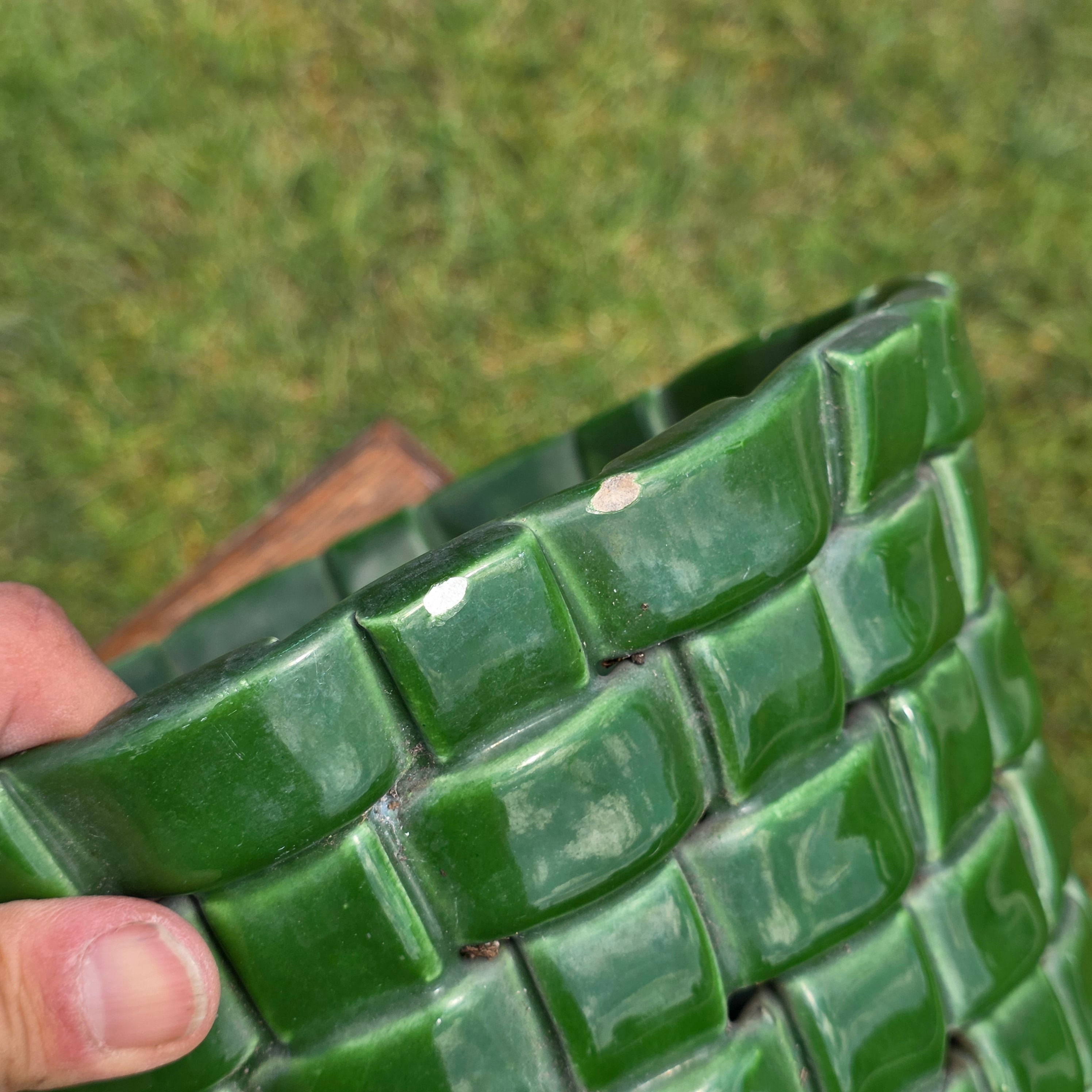 Vintage Italian Pottery Basket Weave Planter Green Glazed Made in Italy 9" 1092