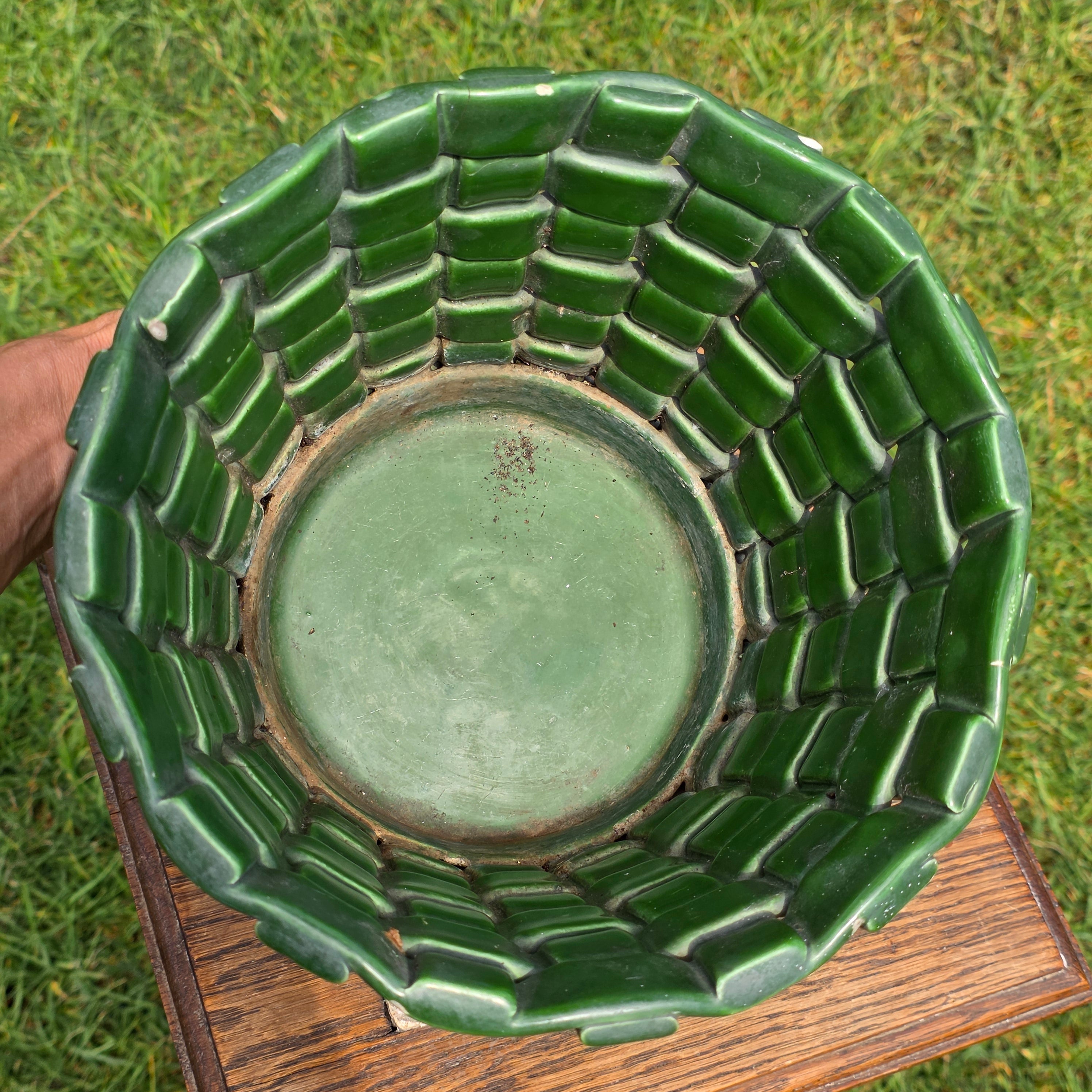 Vintage Italian Pottery Basket Weave Planter Green Glazed Made in Italy 9" 1092