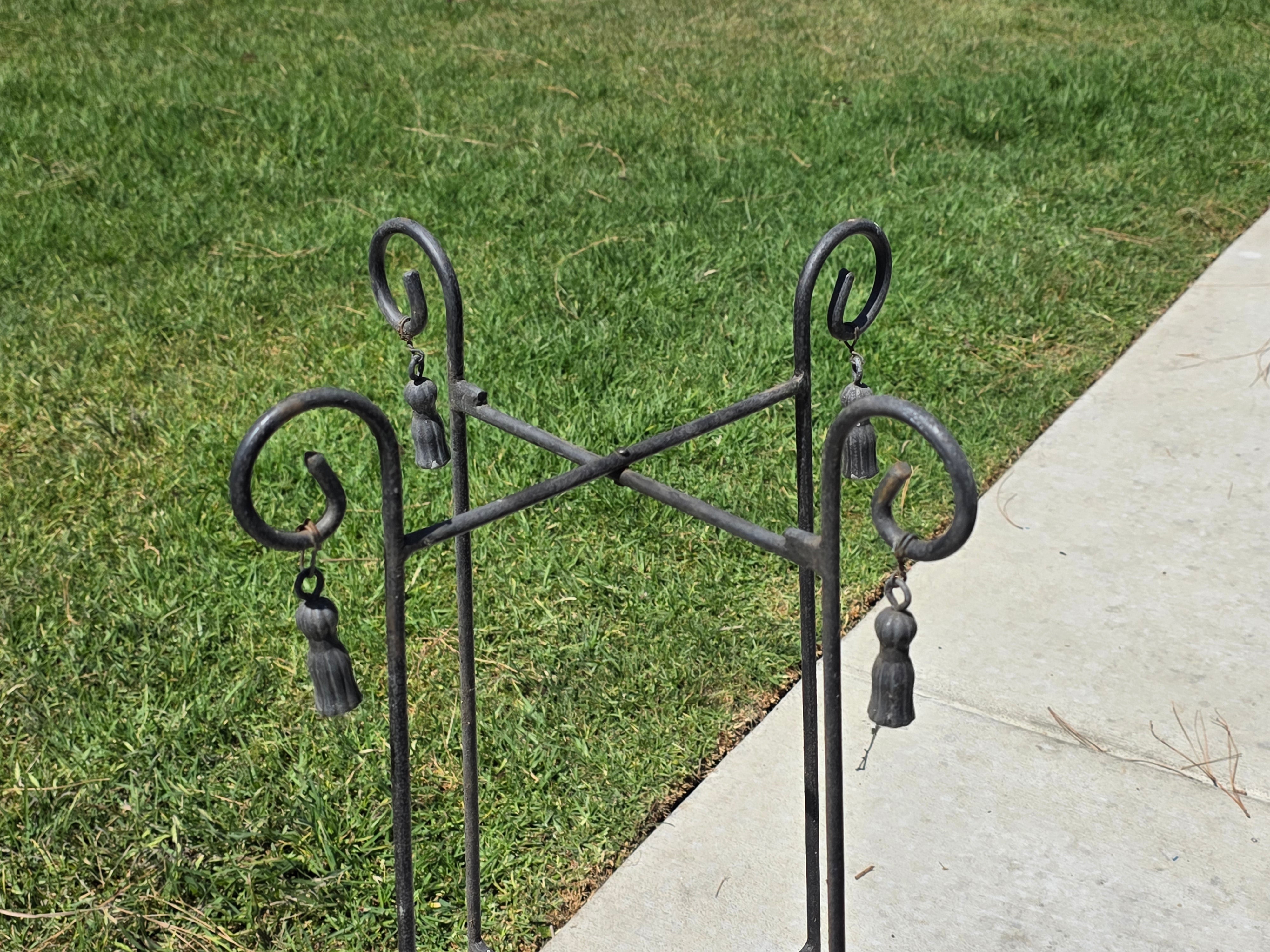 Vintage Wrought Iron Folding Plant Stand Metal Flower Pot Holder Tassel Scroll