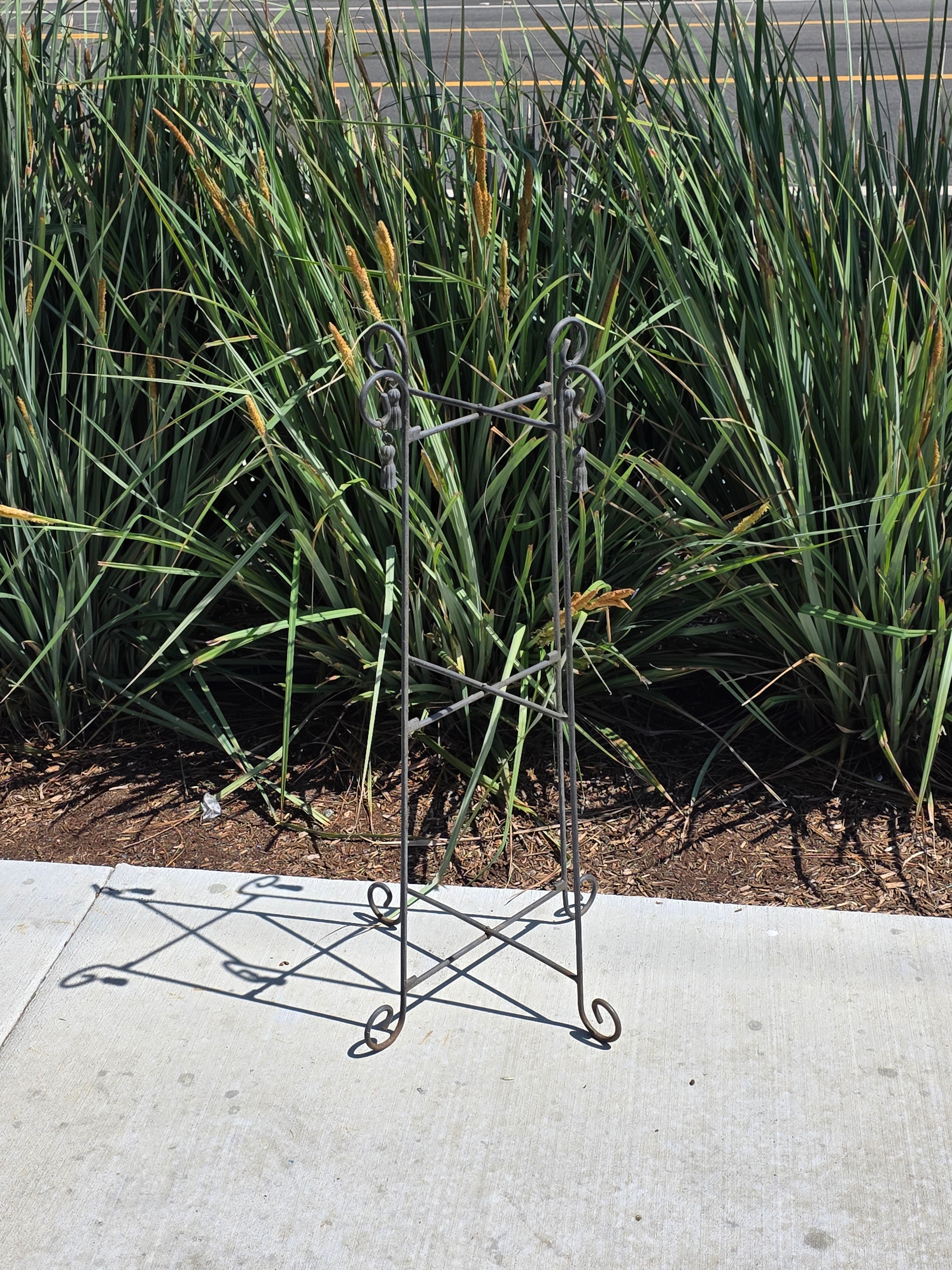 Vintage Wrought Iron Folding Plant Stand Metal Flower Pot Holder Tassel Scroll