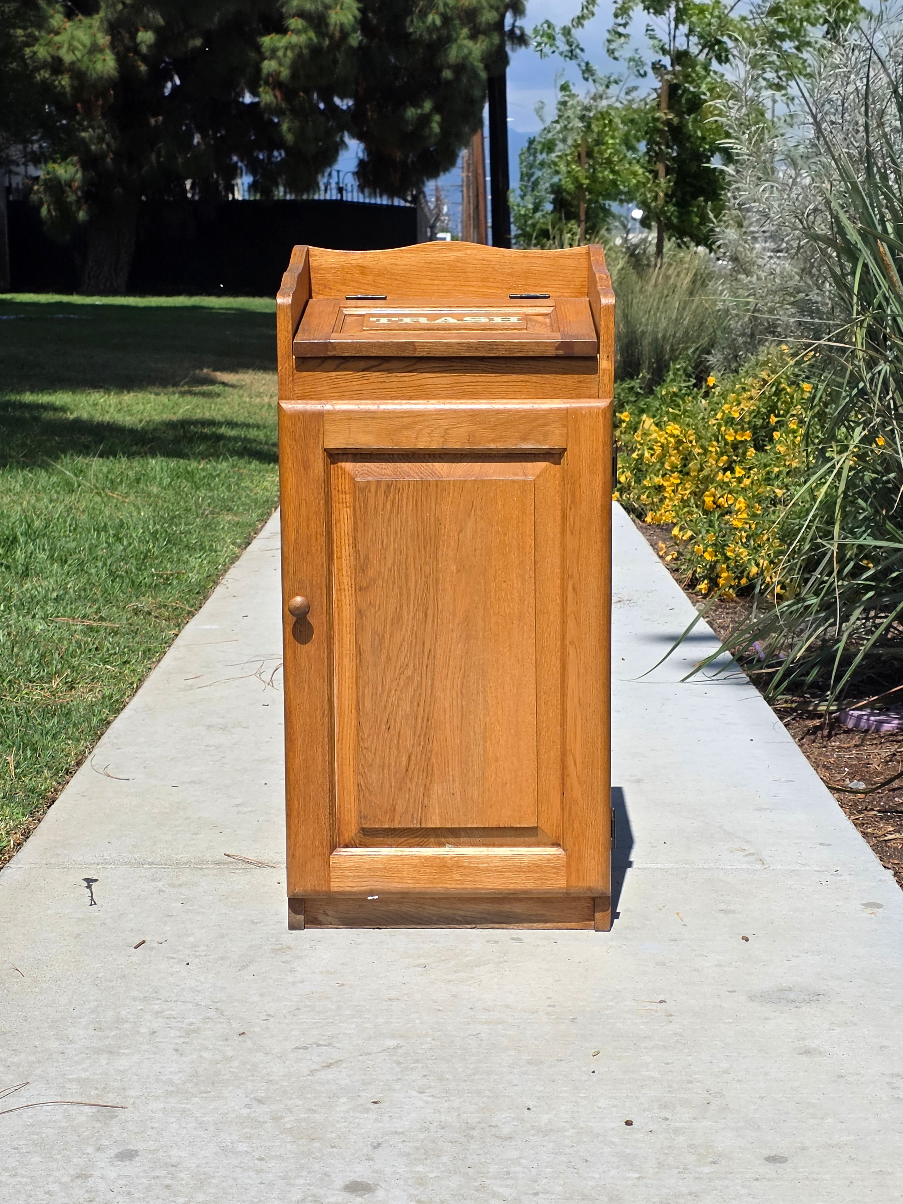 Vintage Oak Wood Trash Can Cabinet Kitchen Waste Bin Holder Country Farmhouse