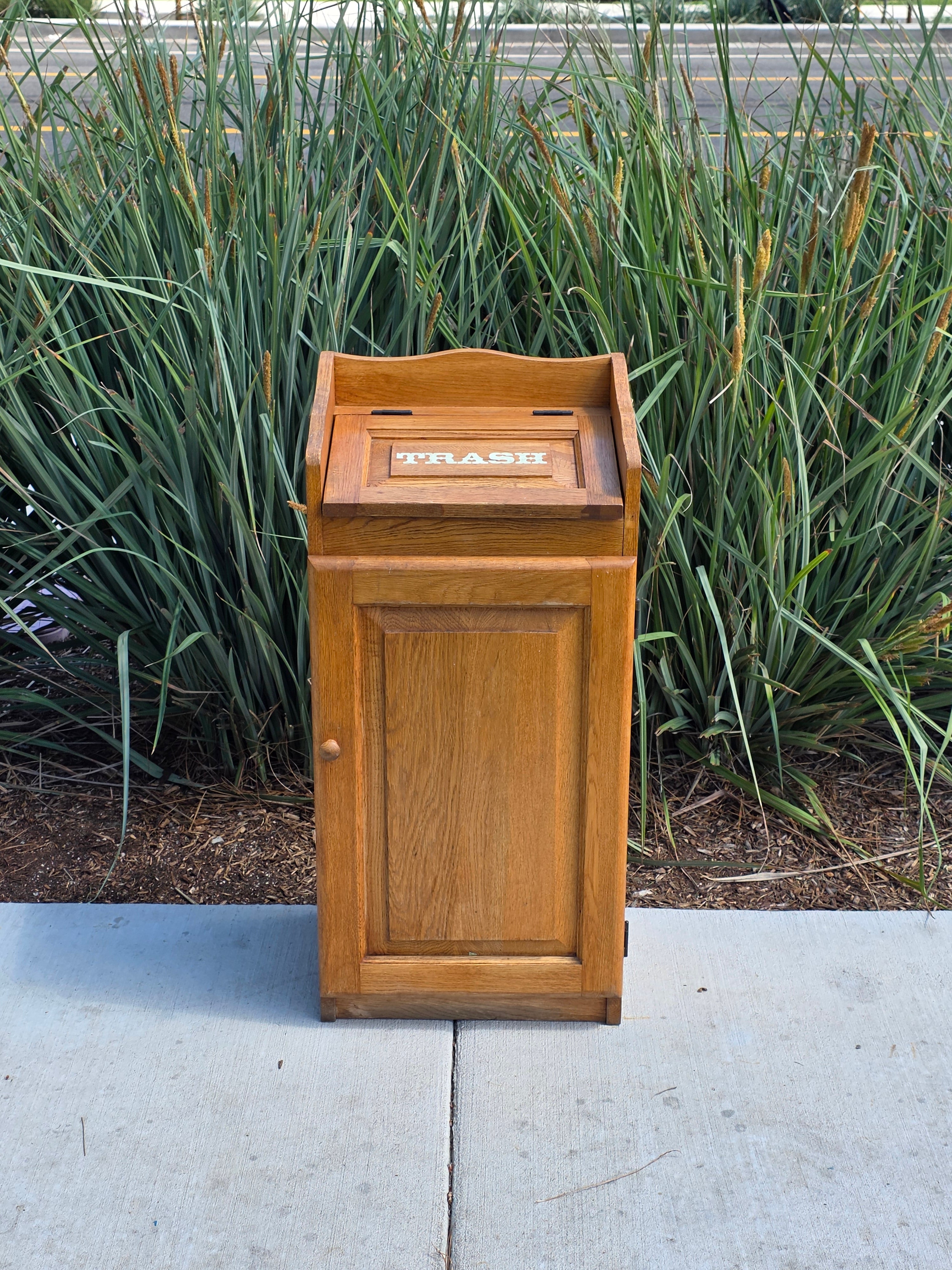 Vintage Oak Wood Trash Can Cabinet Kitchen Waste Bin Holder Country Farmhouse