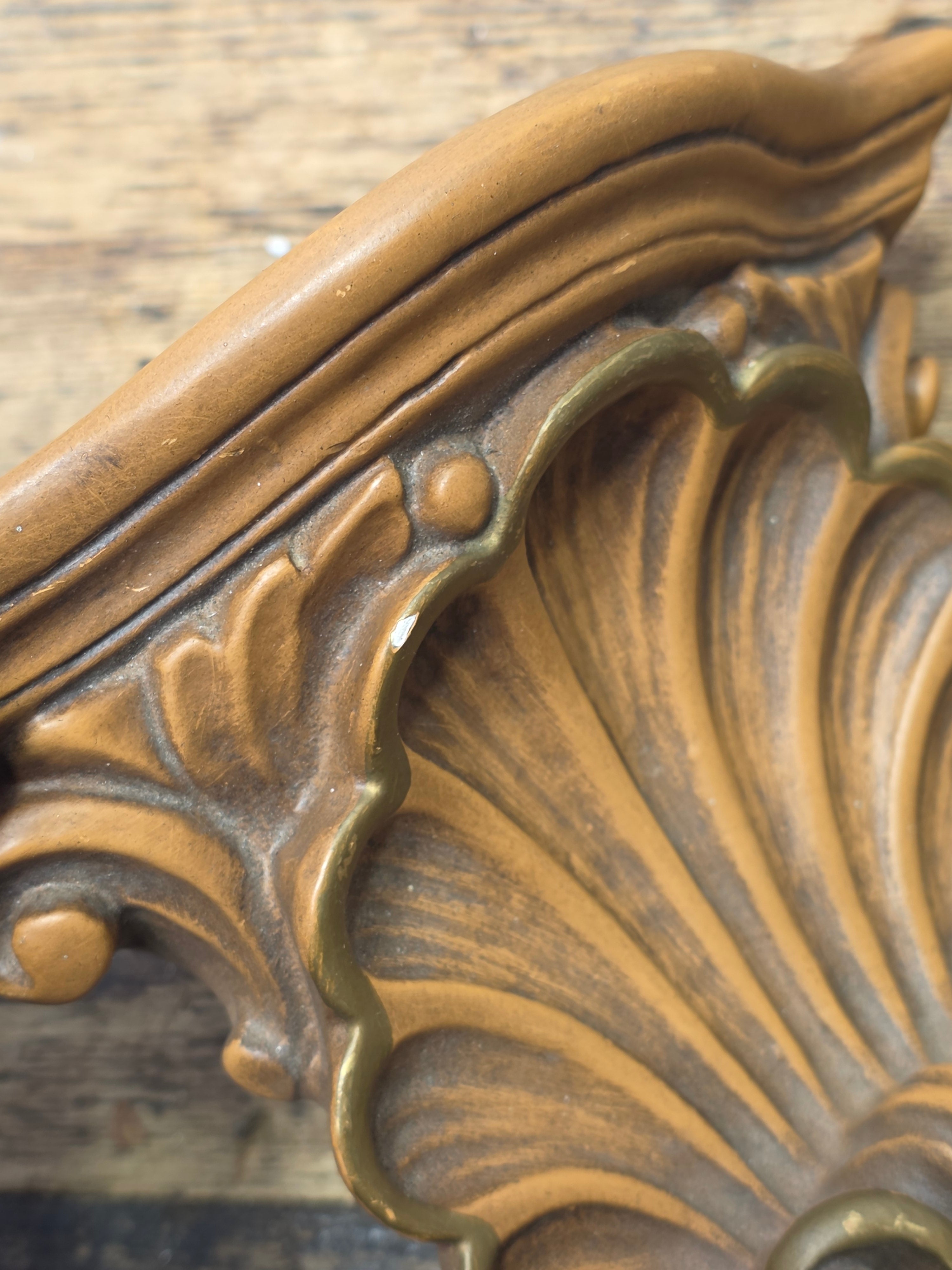 Vintage Plaster Wall Shelf Shell Scroll Gold Trim Hollywood Regency Scallop 7"