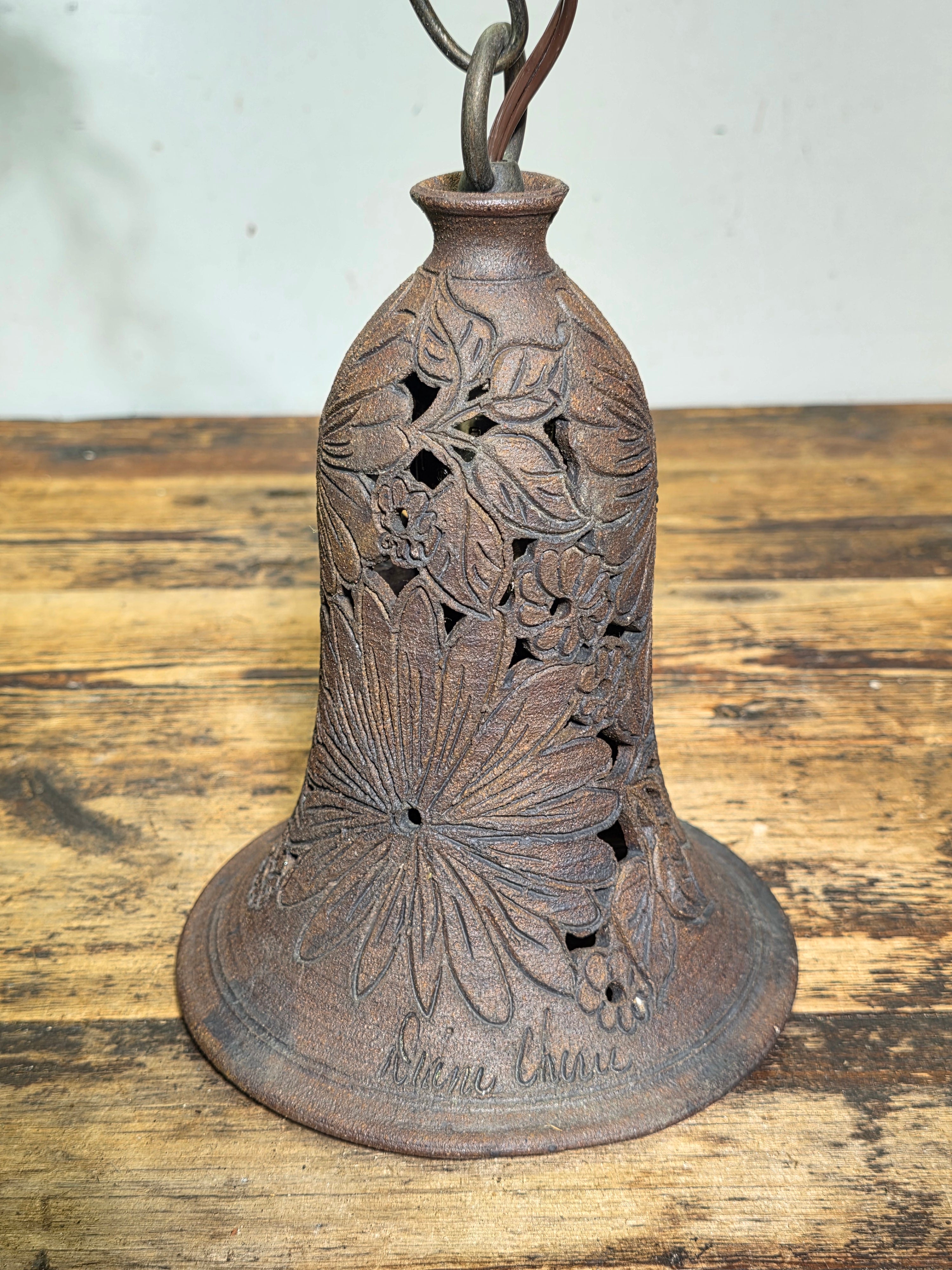 Artist Signed Studio Pottery Pendant Light Vintage Garden Bell Hollywood Estate
