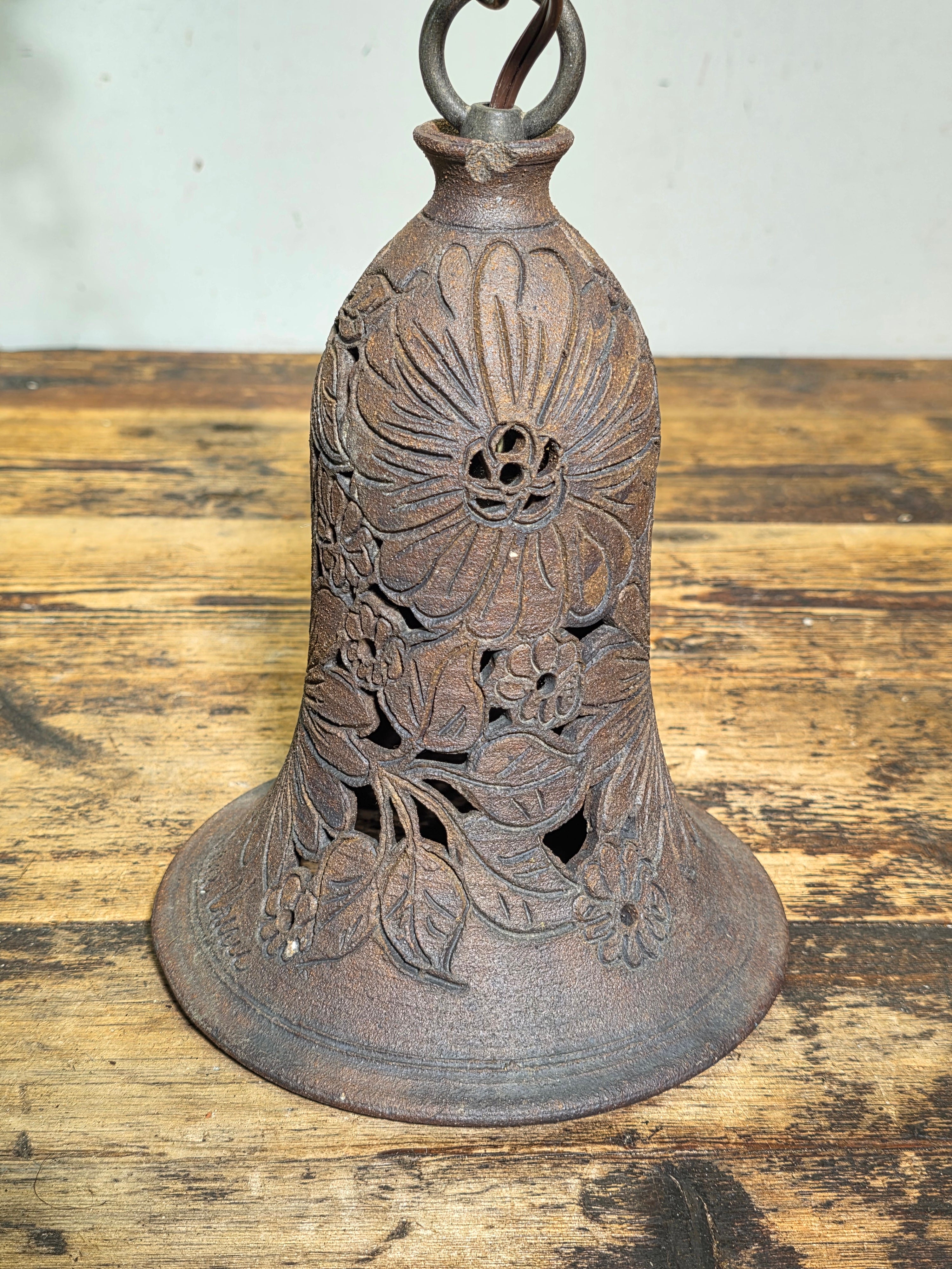 Artist Signed Studio Pottery Pendant Light Vintage Garden Bell Hollywood Estate