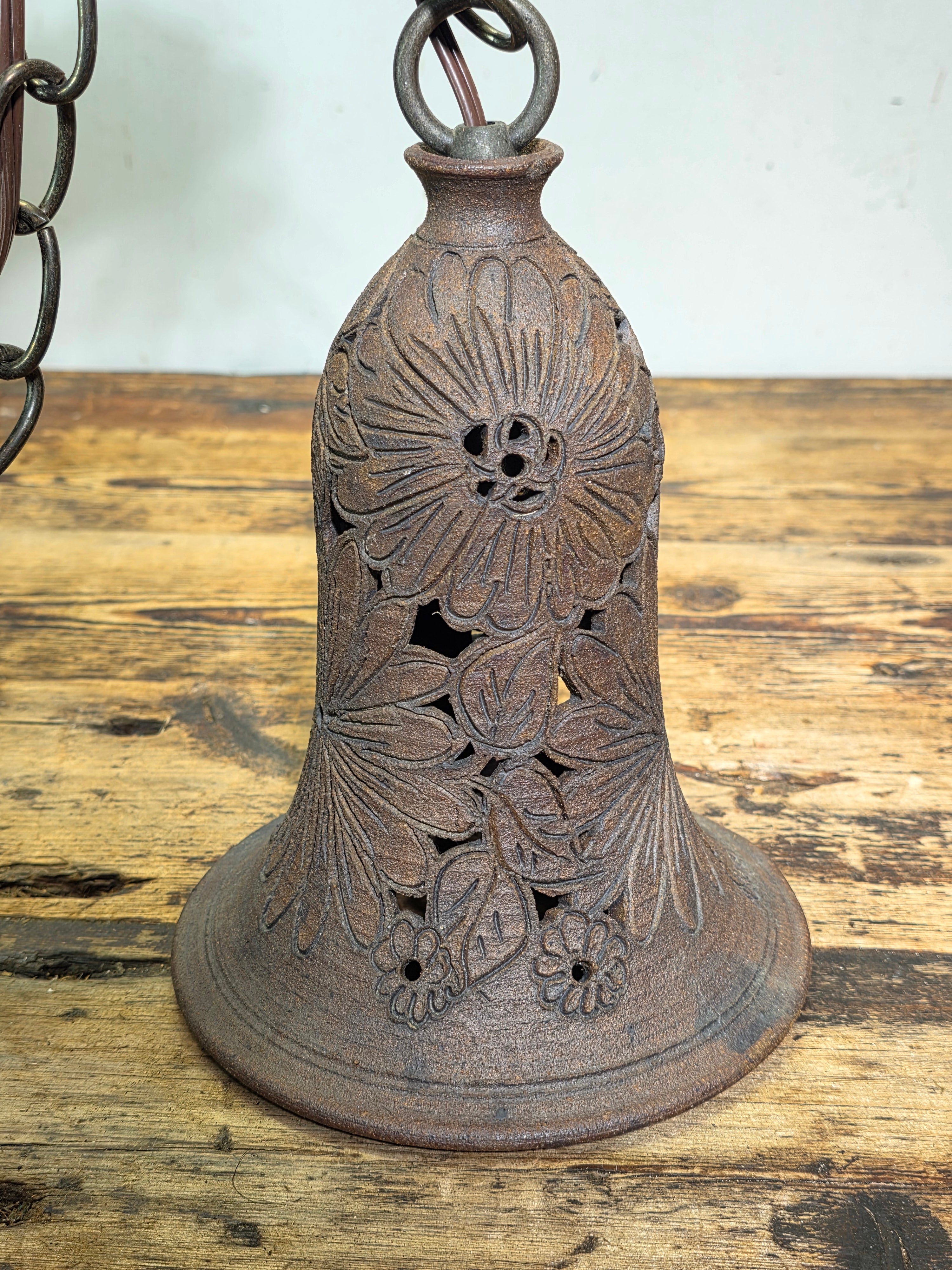 Artist Signed Studio Pottery Pendant Light Vintage Garden Bell Hollywood Estate