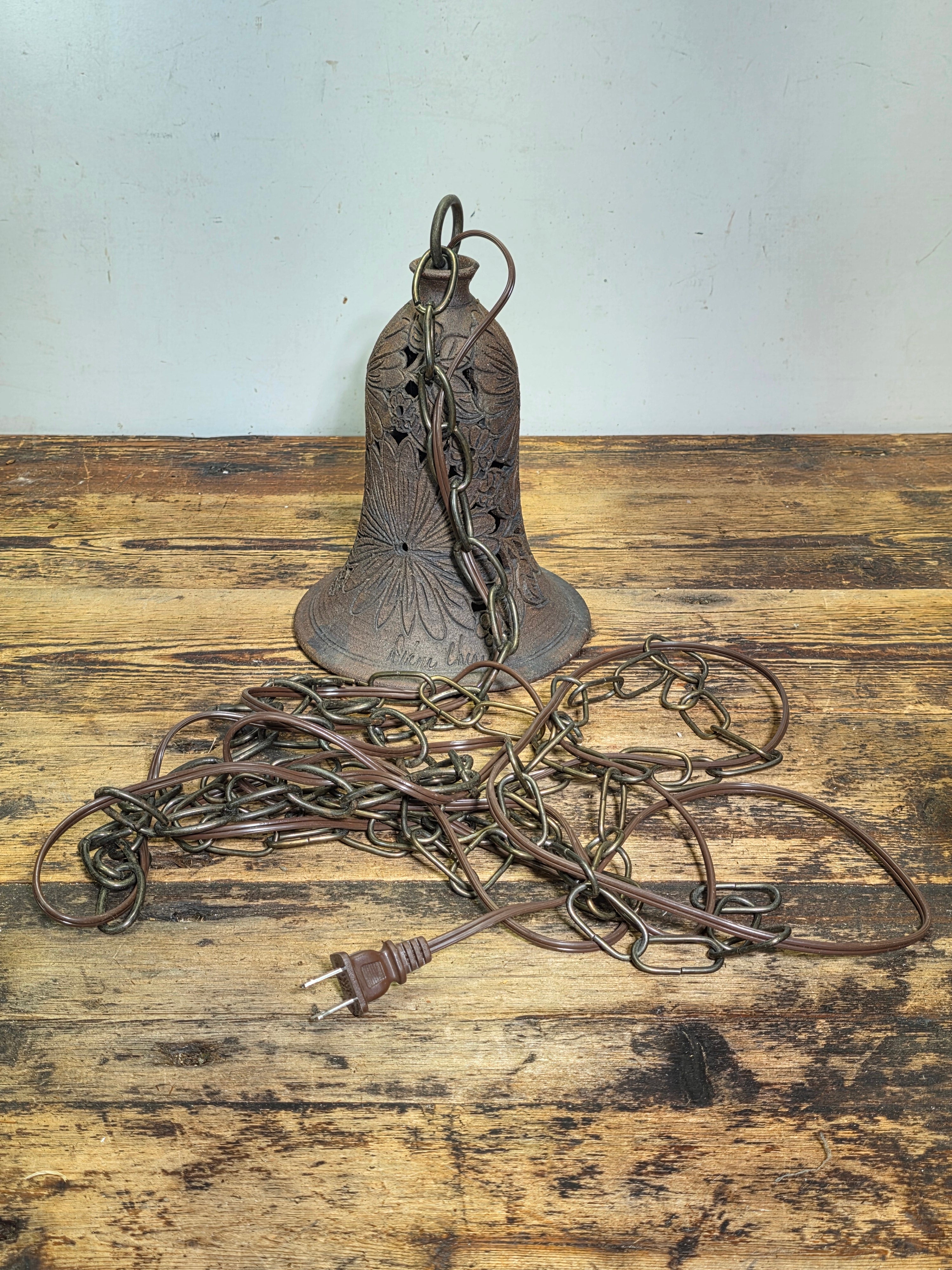 Artist Signed Studio Pottery Pendant Light Vintage Garden Bell Hollywood Estate