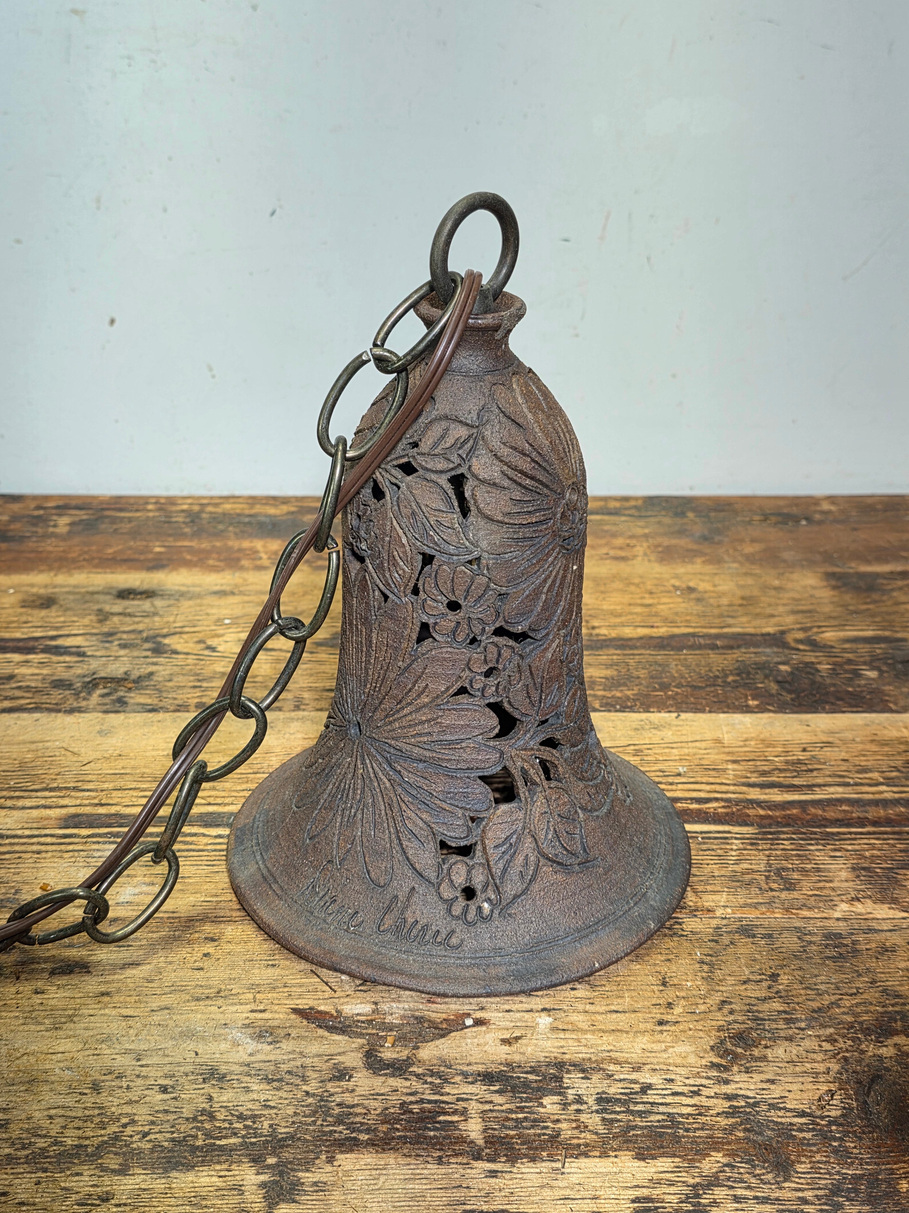 Artist Signed Studio Pottery Pendant Light Vintage Garden Bell Hollywood Estate