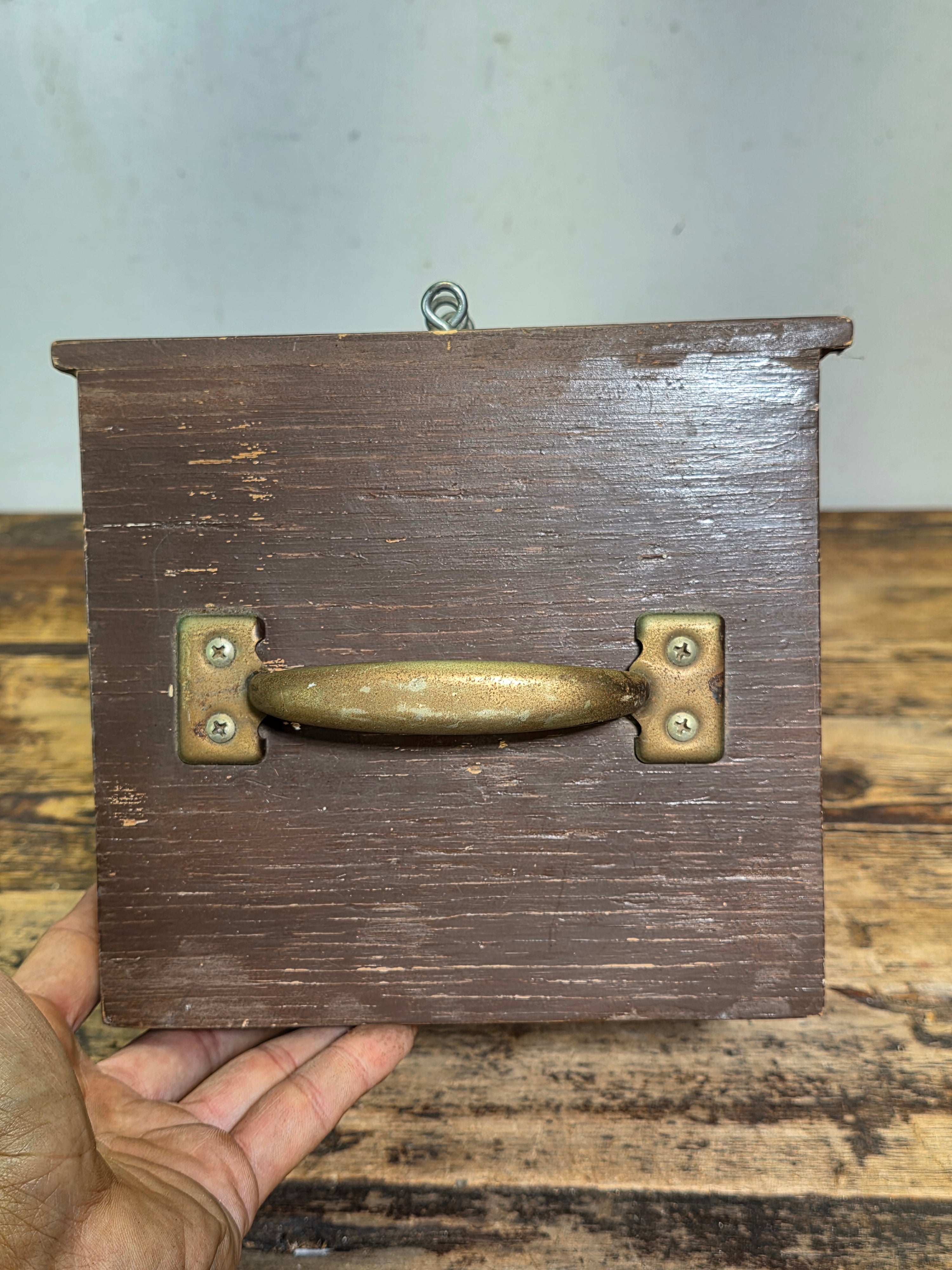 Vintage Handmade Wood Desktop Chest 5 Drawer Steel Ring Pulls Rustic Jewelry Box