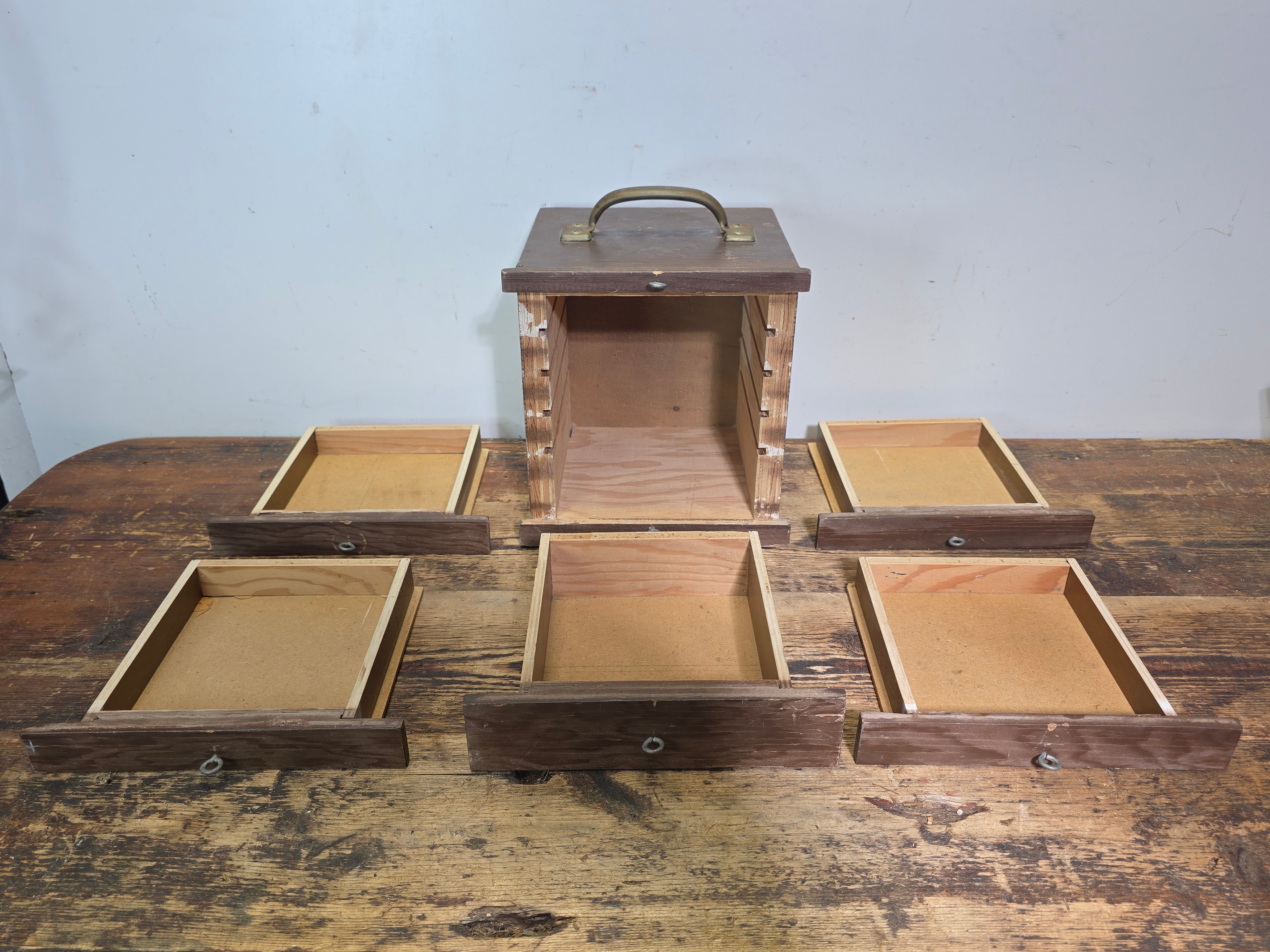 Vintage Handmade Wood Desktop Chest 5 Drawer Steel Ring Pulls Rustic Jewelry Box