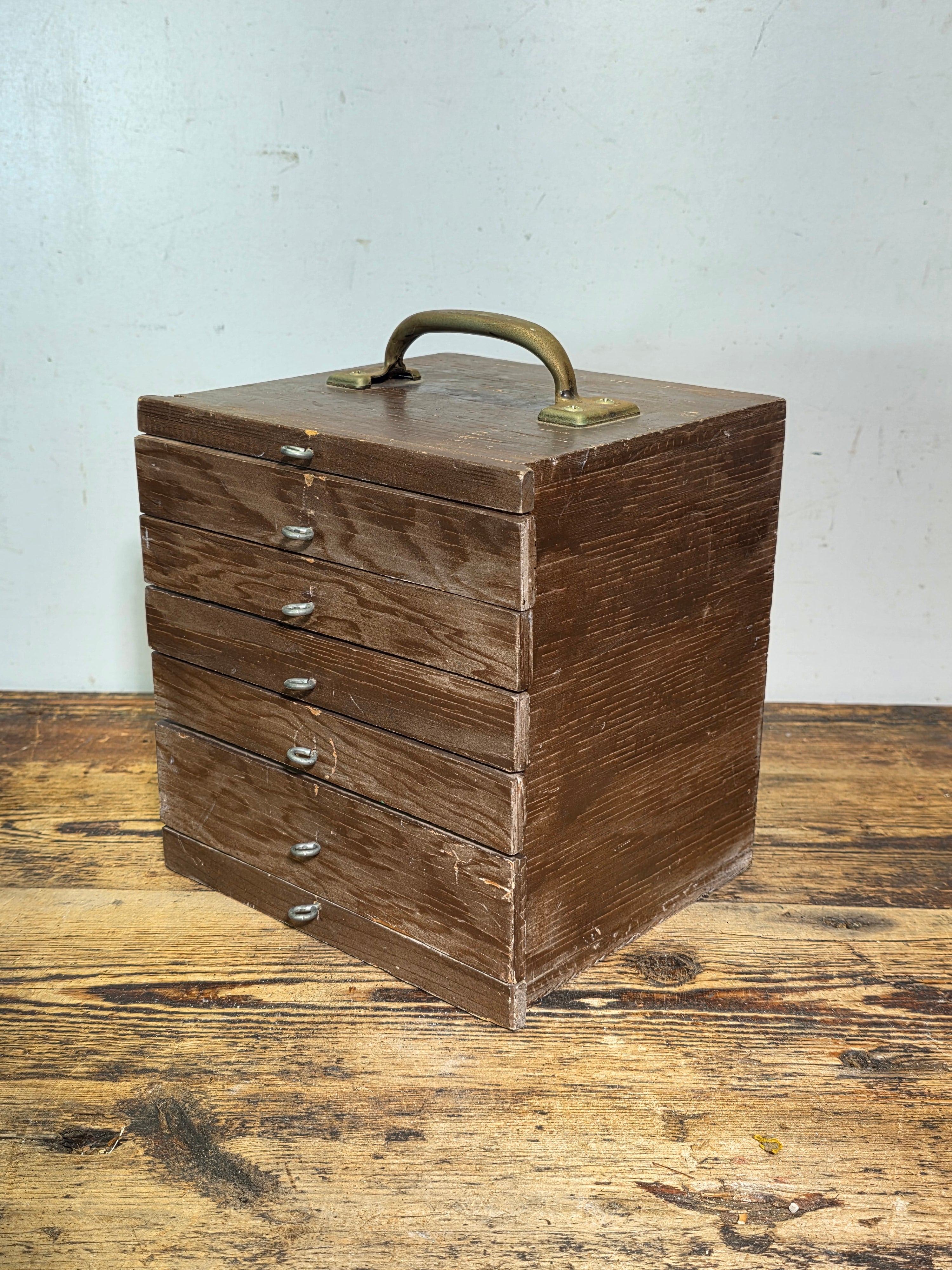 Vintage Handmade Wood Desktop Chest 5 Drawer Steel Ring Pulls Rustic Jewelry Box