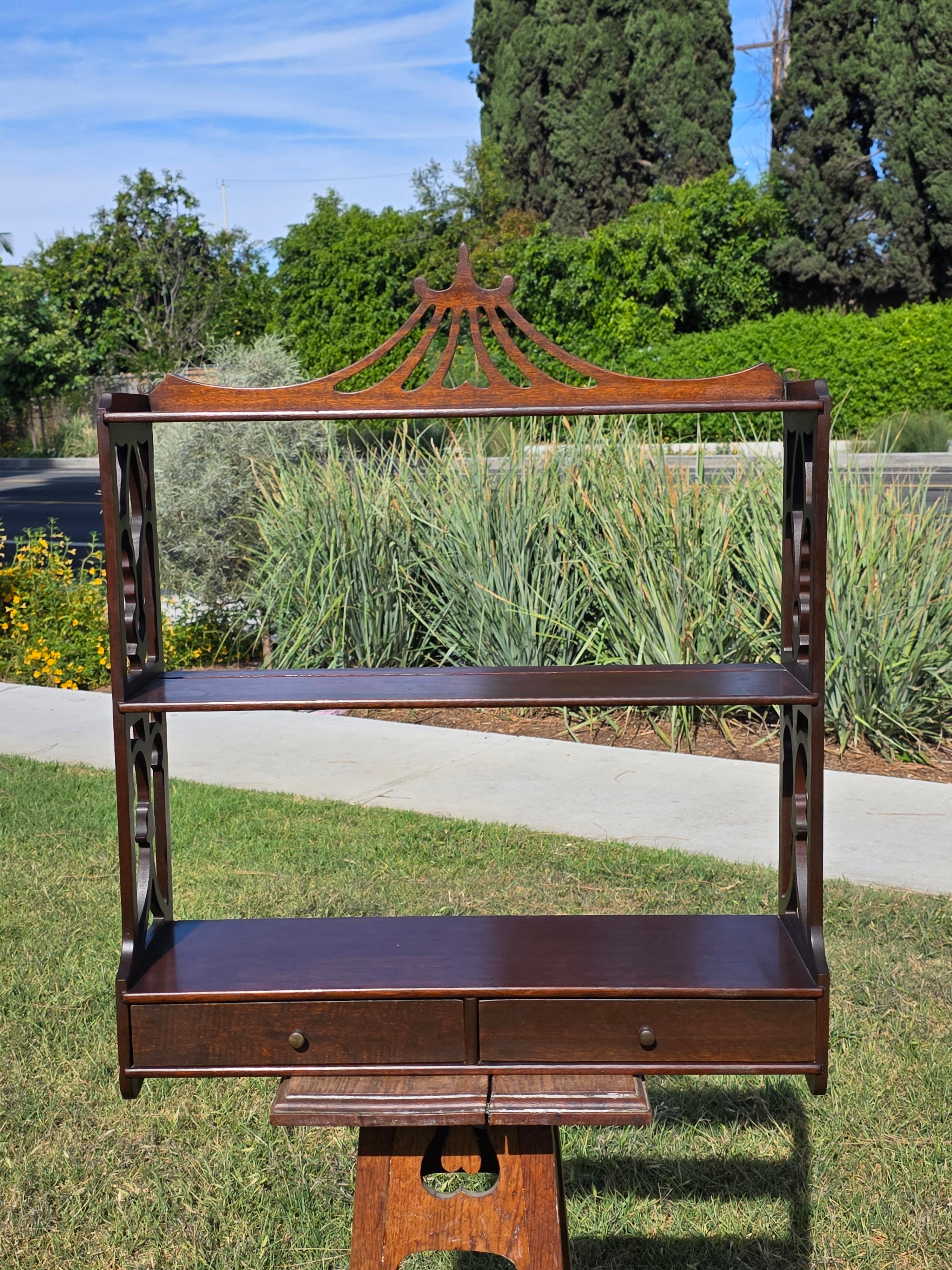Vintage Pagoda Wall Shelf Chinoiserie Fretwork Display Rack 2 Drawers Mahogany