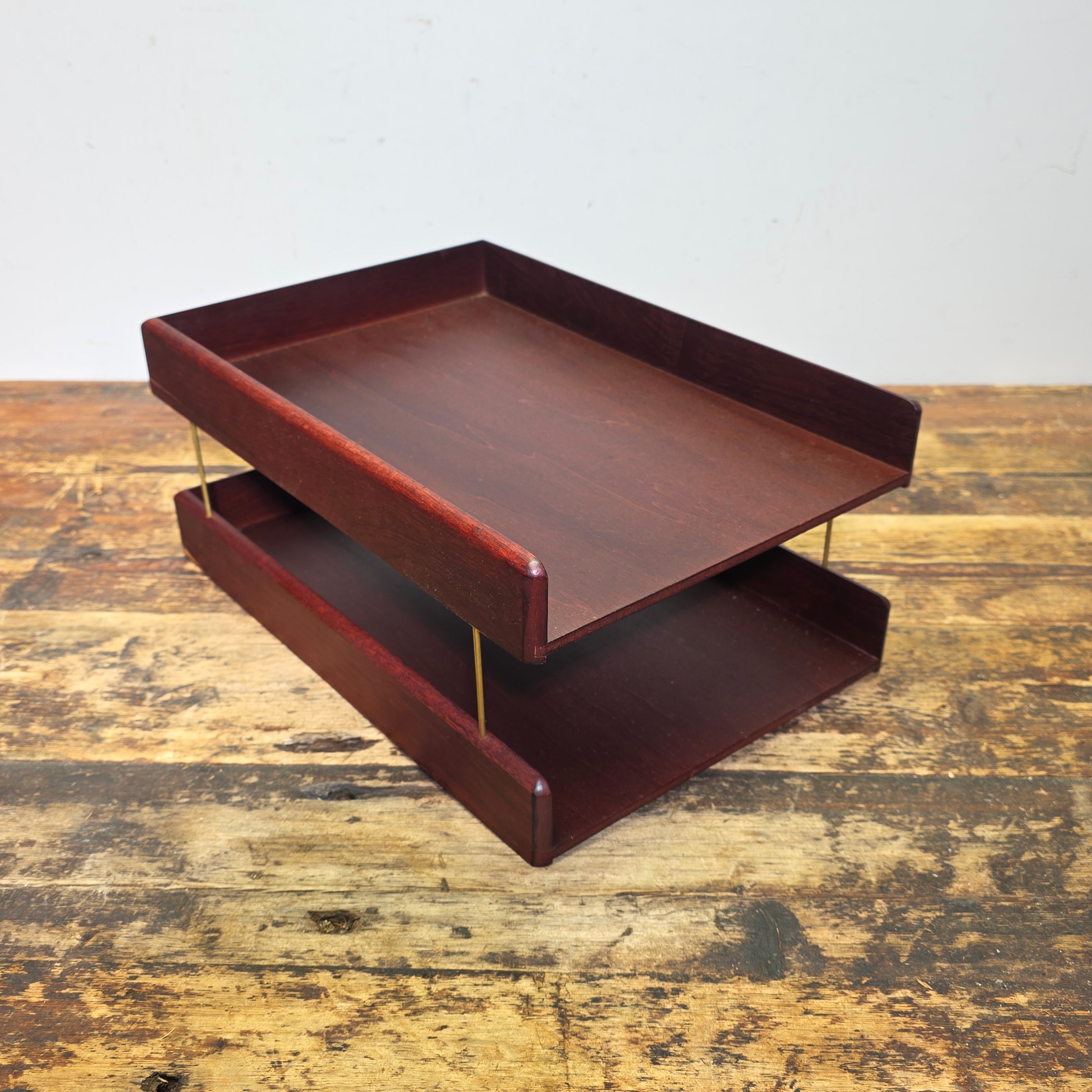 Vintage Carver Wood Products Desk Letter Tray Cherry Oak MCM 2 Tier Damage USA