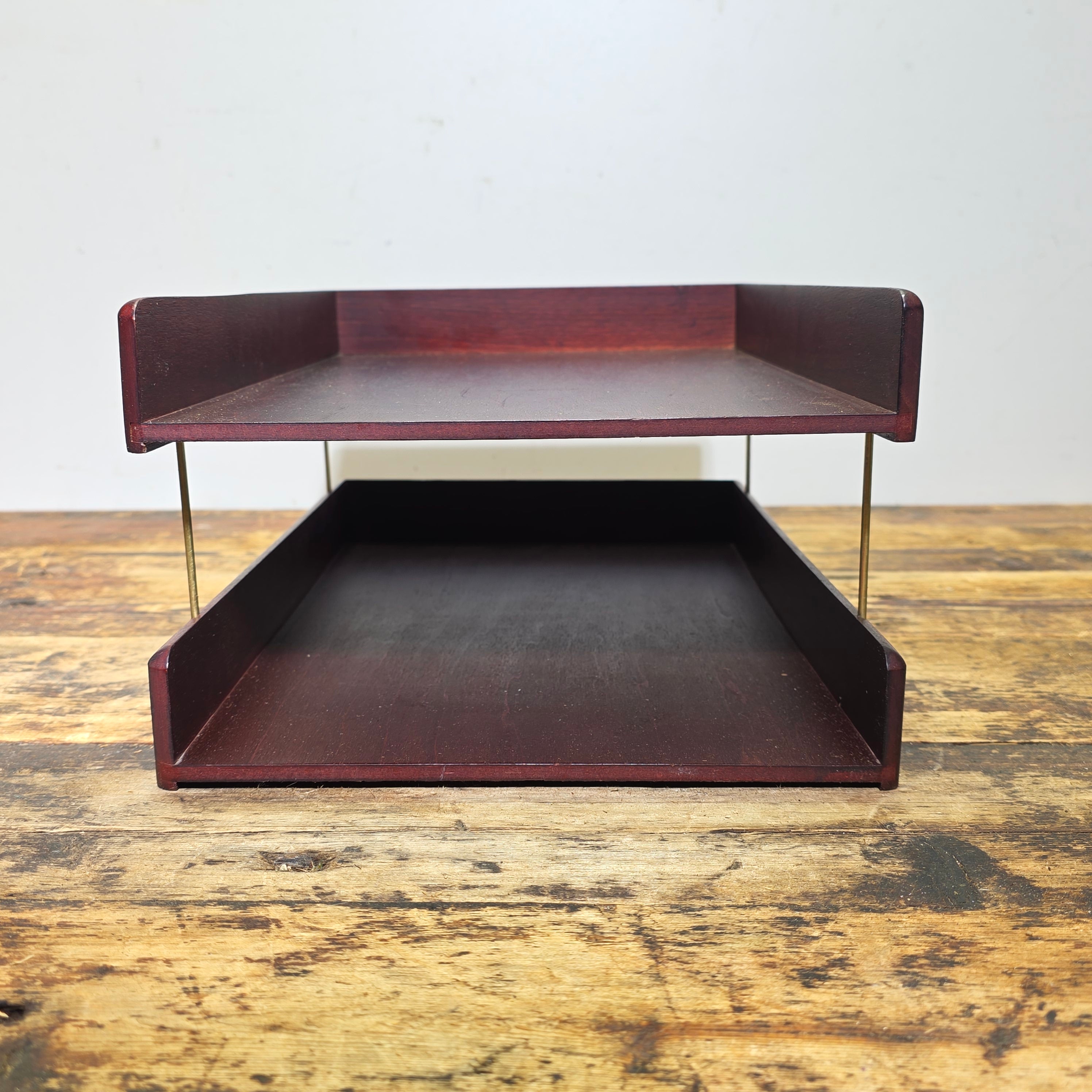 Vintage Carver Wood Products Desk Letter Tray Cherry Oak MCM 2 Tier Damage USA