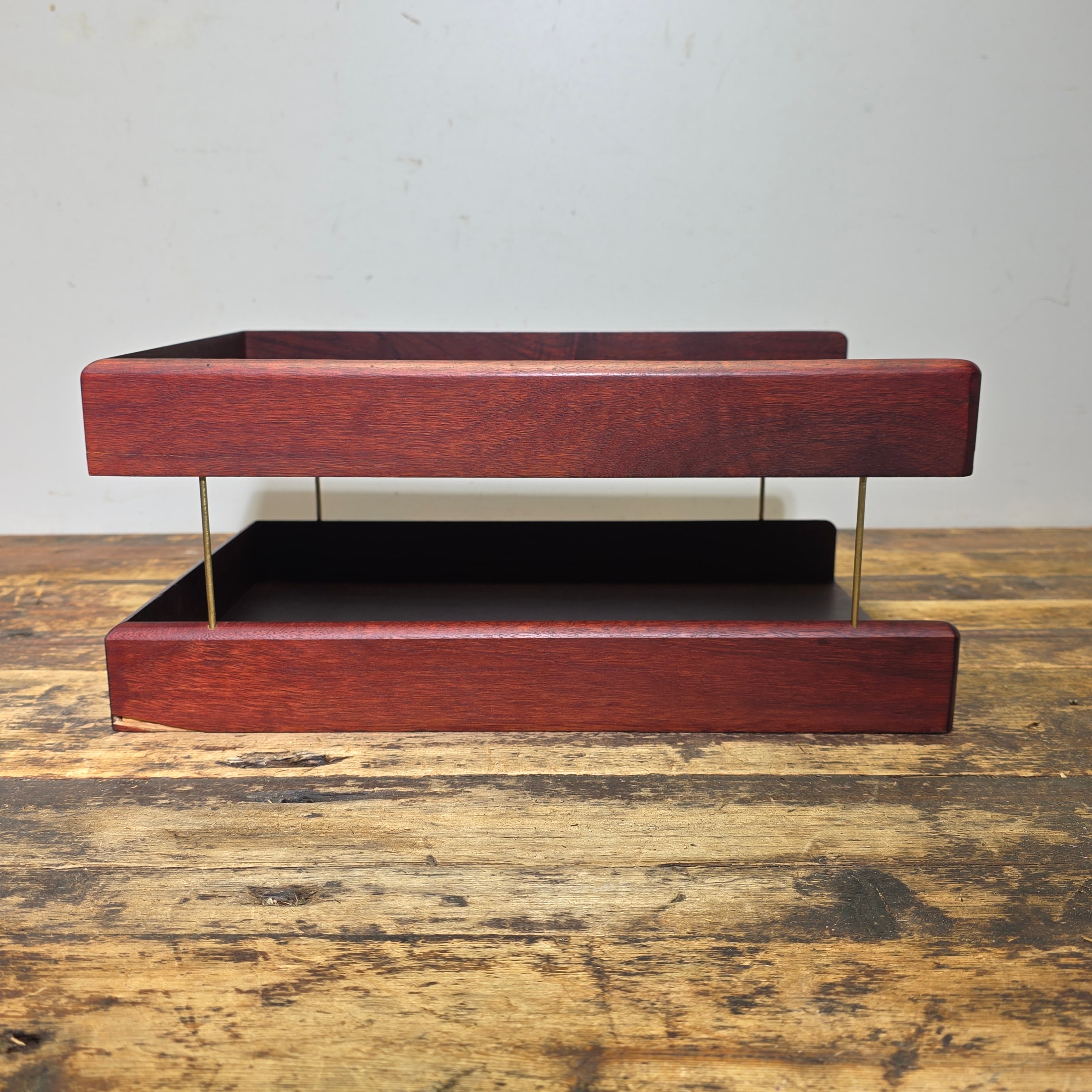 Vintage Carver Wood Products Desk Letter Tray Cherry Oak MCM 2 Tier Damage USA