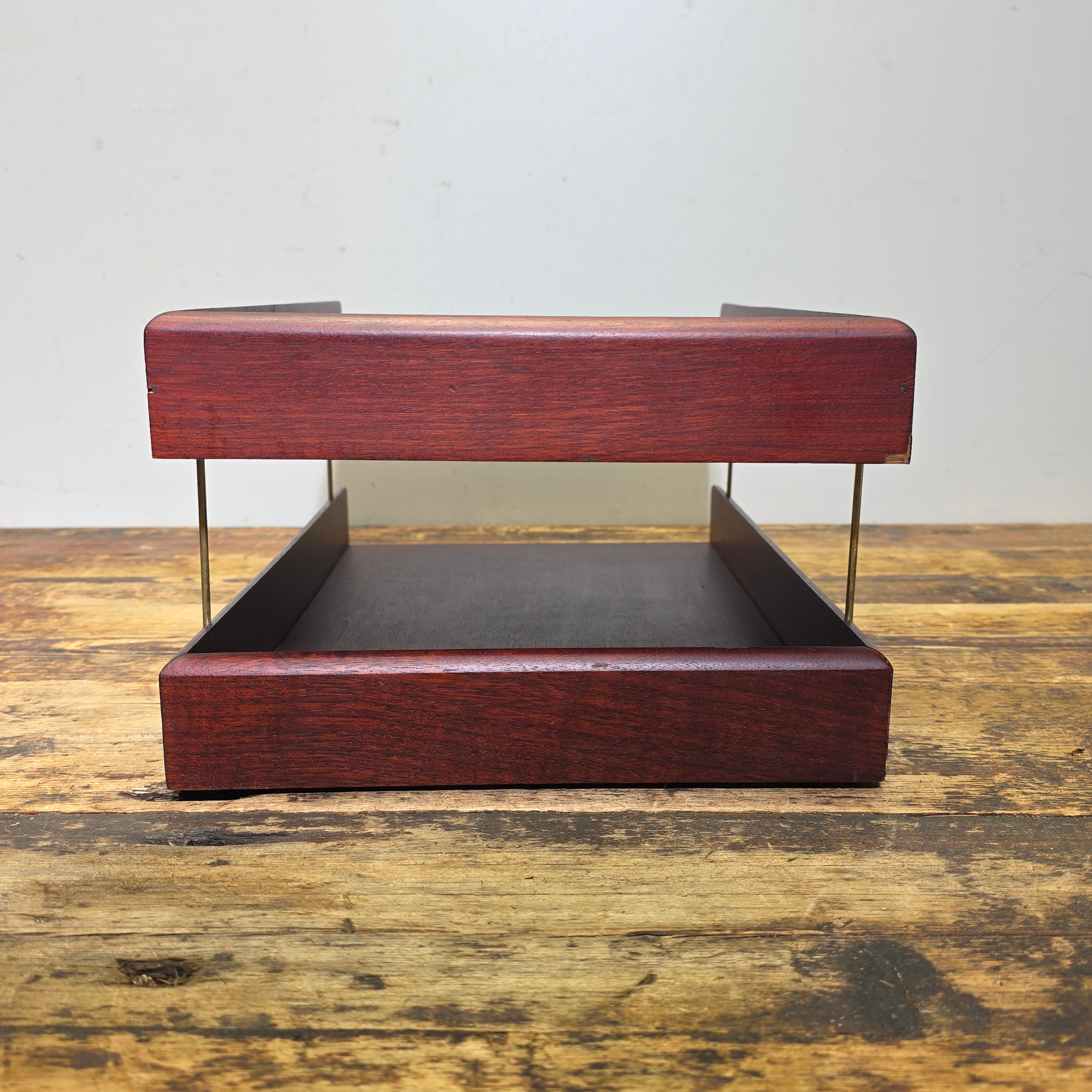 Vintage Carver Wood Products Desk Letter Tray Cherry Oak MCM 2 Tier Damage USA