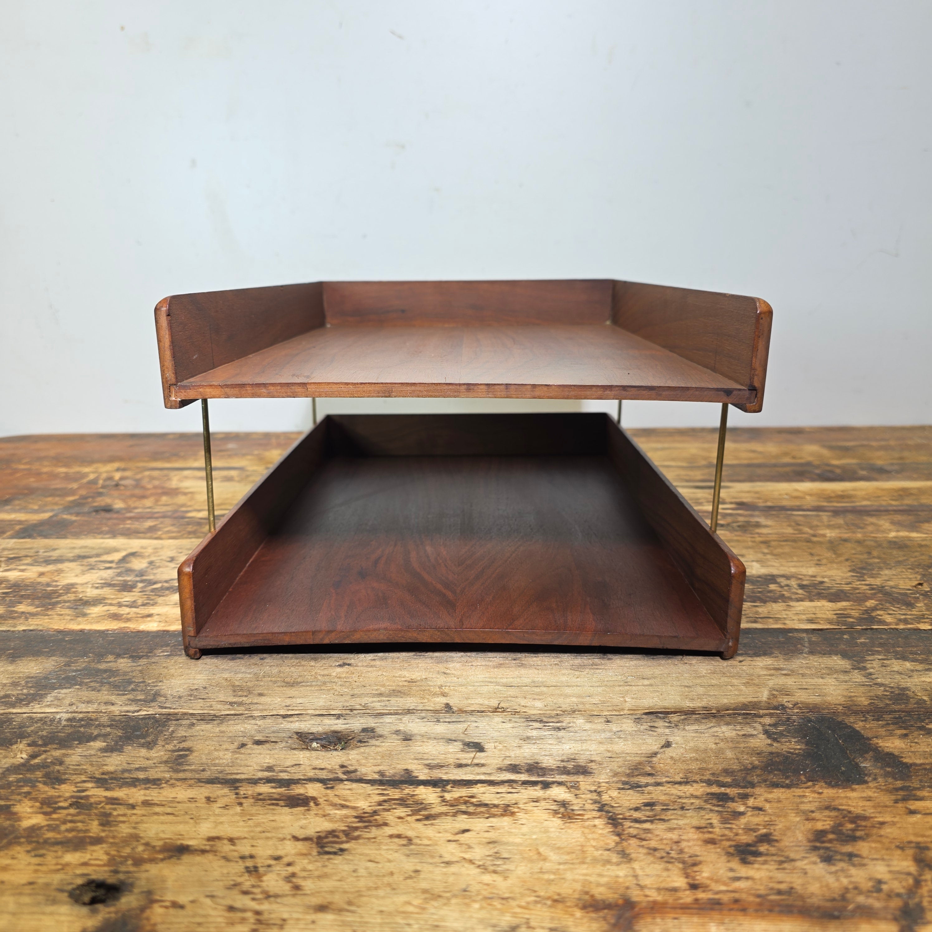 Vintage Carver Wood Products Desk Letter Tray 2 Tier Walnut Oak MCM Damage USA