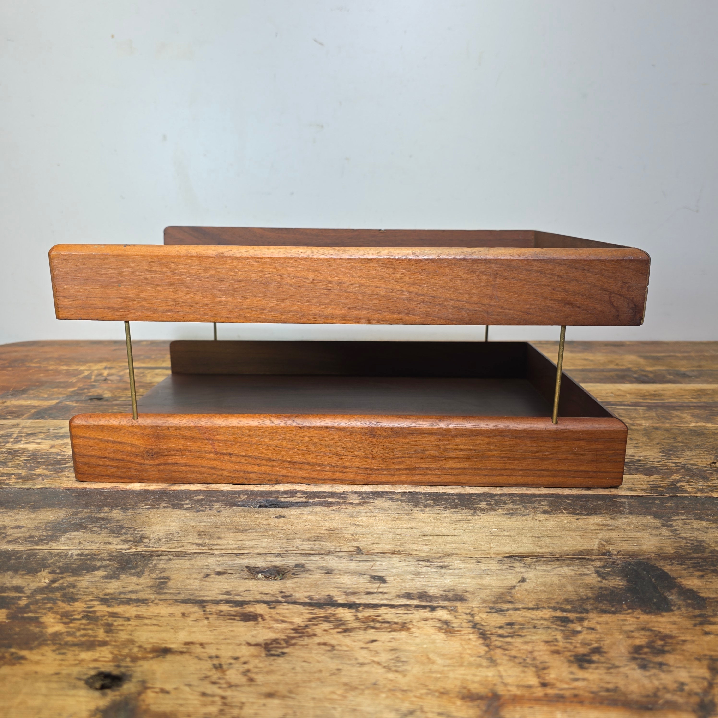 Vintage Carver Wood Products Desk Letter Tray 2 Tier Walnut Oak MCM Damage USA