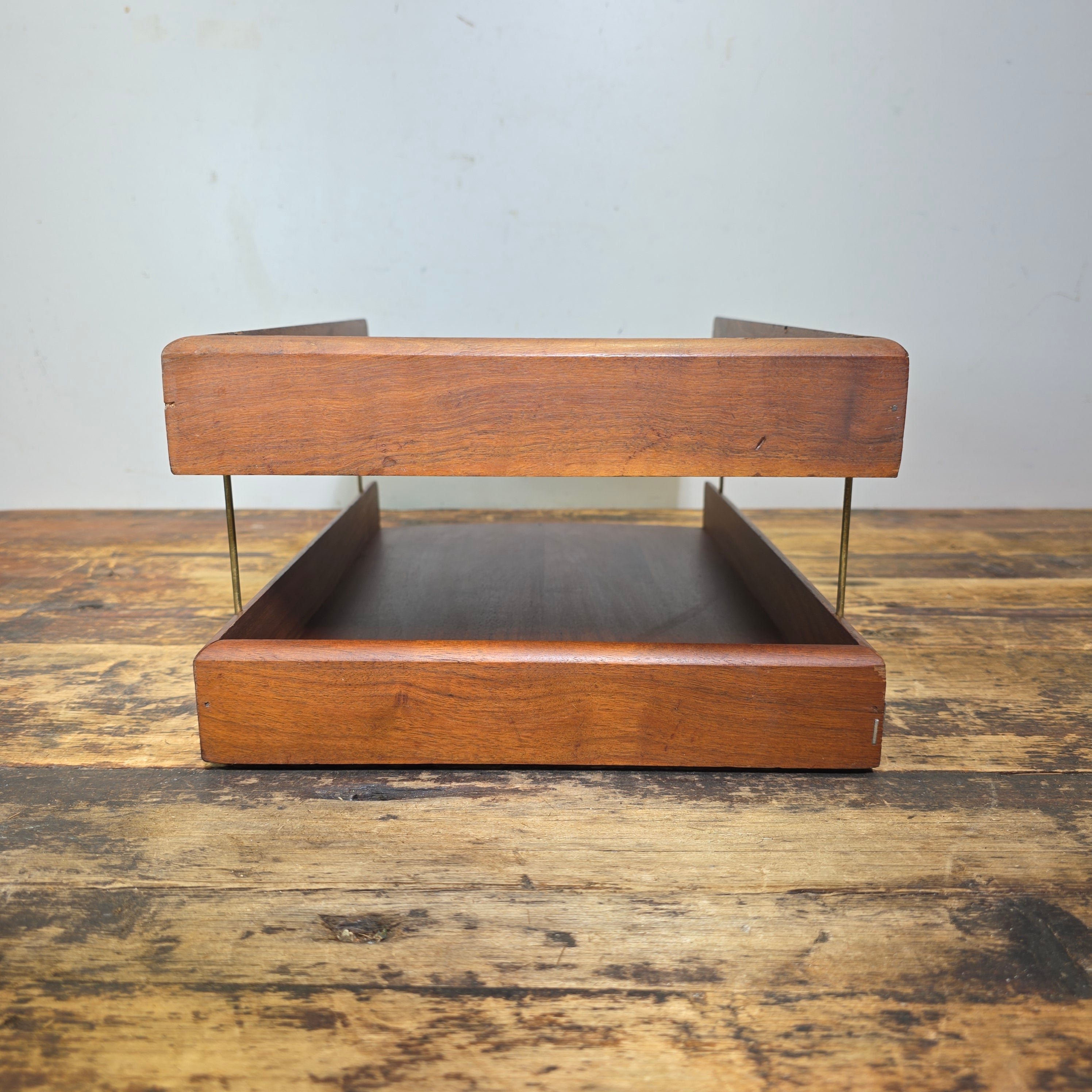 Vintage Carver Wood Products Desk Letter Tray 2 Tier Walnut Oak MCM Damage USA