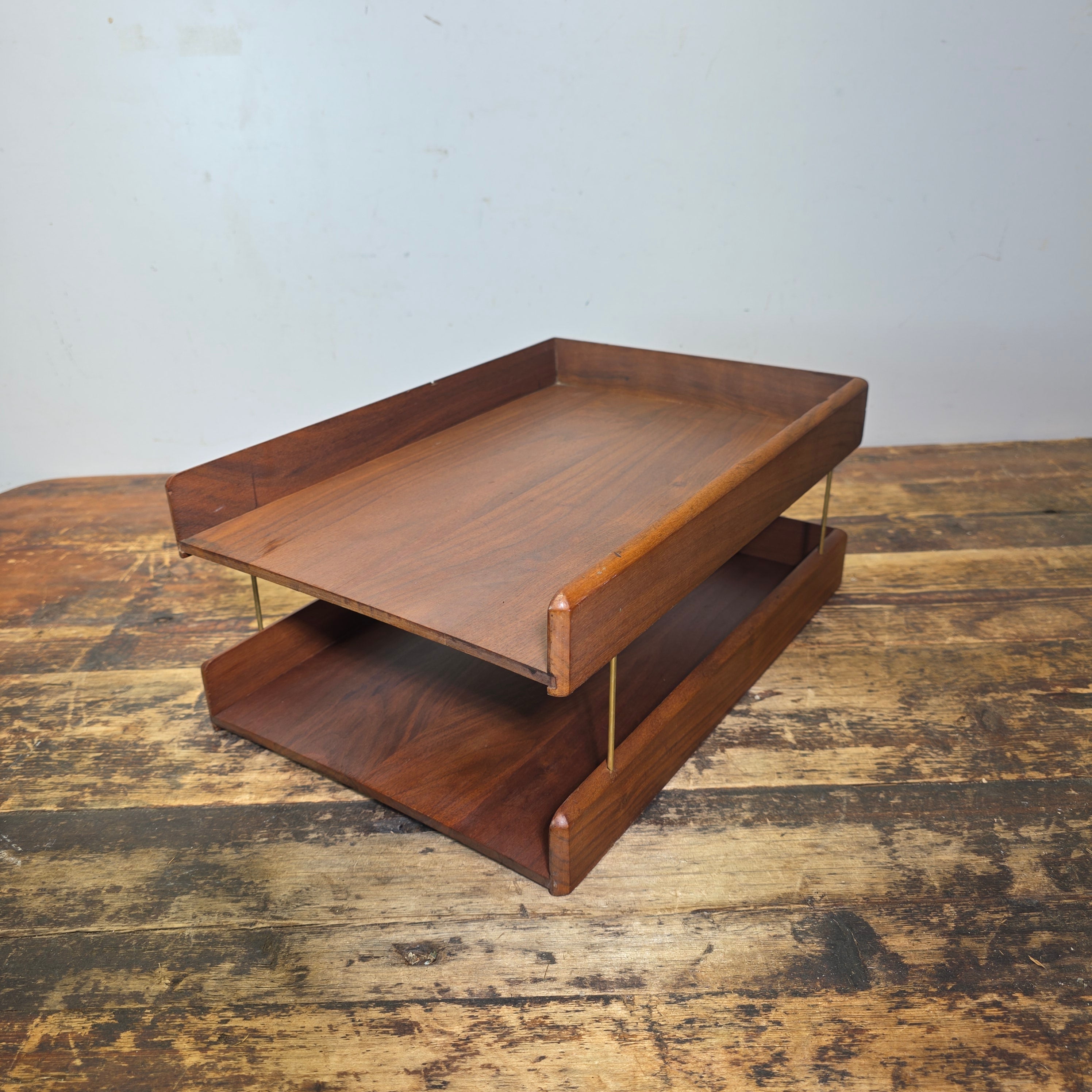 Vintage Carver Wood Products Desk Letter Tray 2 Tier Walnut Oak MCM Damage USA