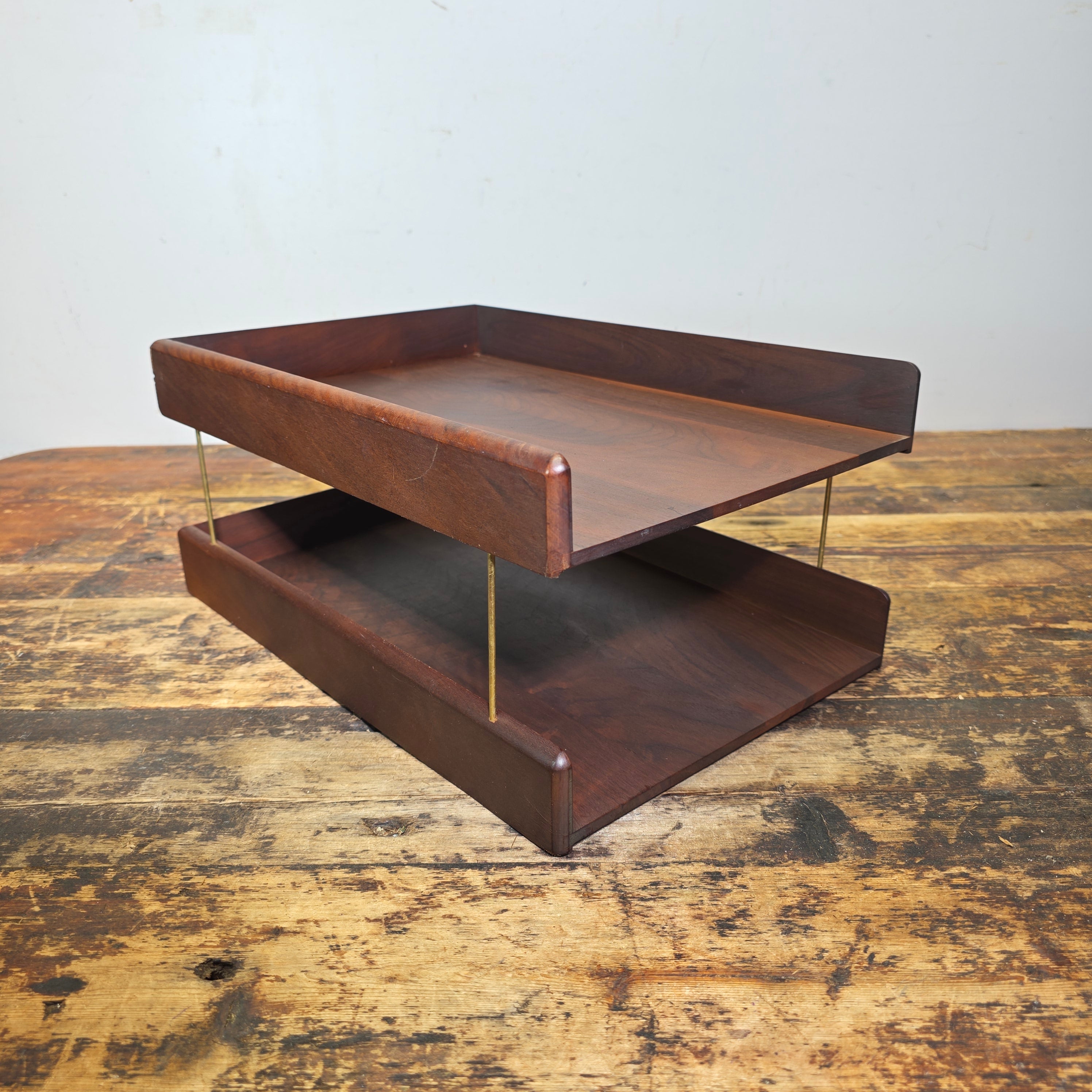 Vintage Carver Wood Products Desk Letter Tray 2 Tier Cherry Oak MCM Damage USA