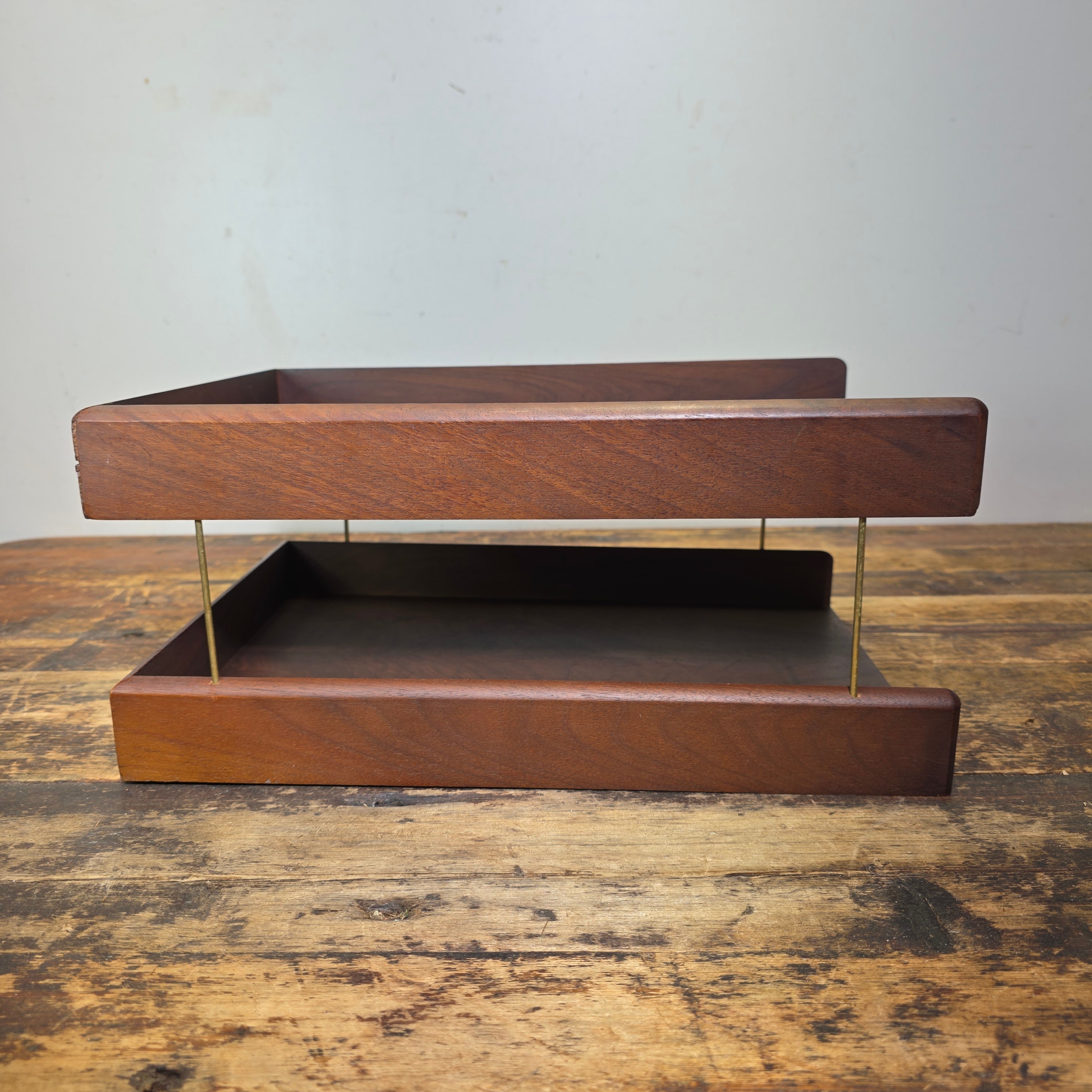 Vintage Carver Wood Products Desk Letter Tray 2 Tier Cherry Oak MCM Damage USA
