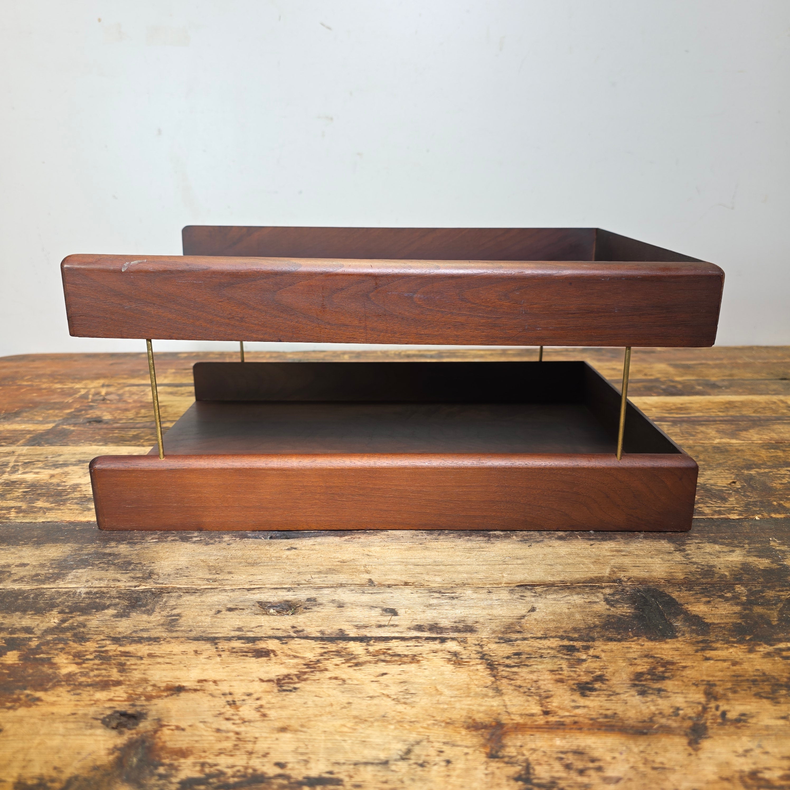Vintage Carver Wood Products Desk Letter Tray 2 Tier Cherry Oak MCM Damage USA