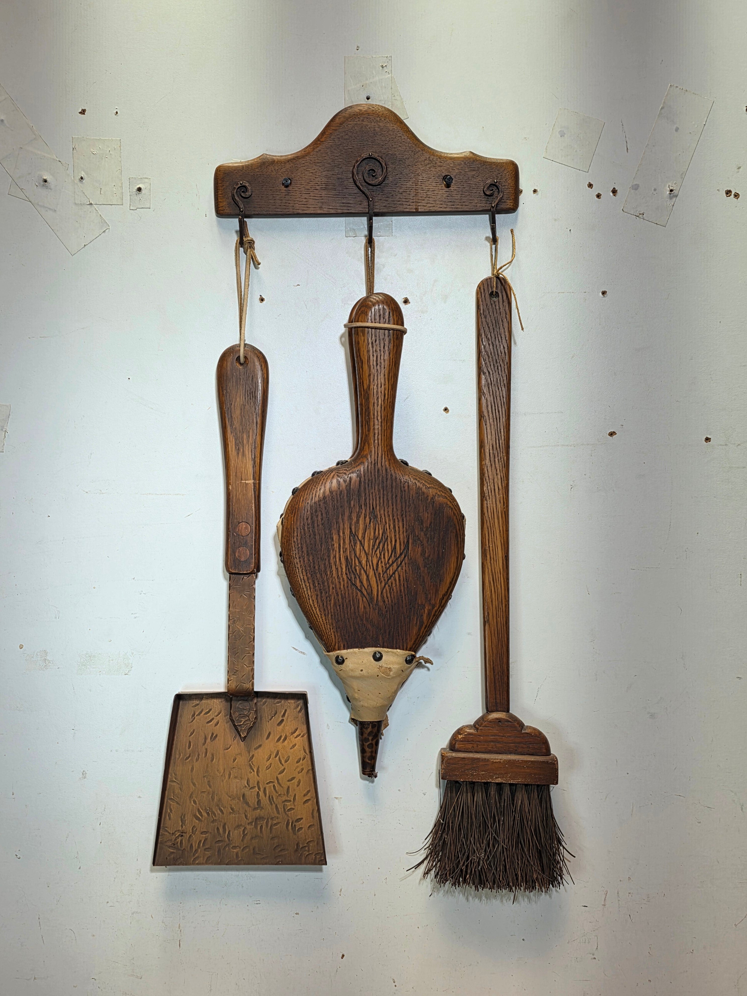 Vintage Fireplace Tool Set Oak Wood Copper Shovel Bellows Brush Wall Mount MCM