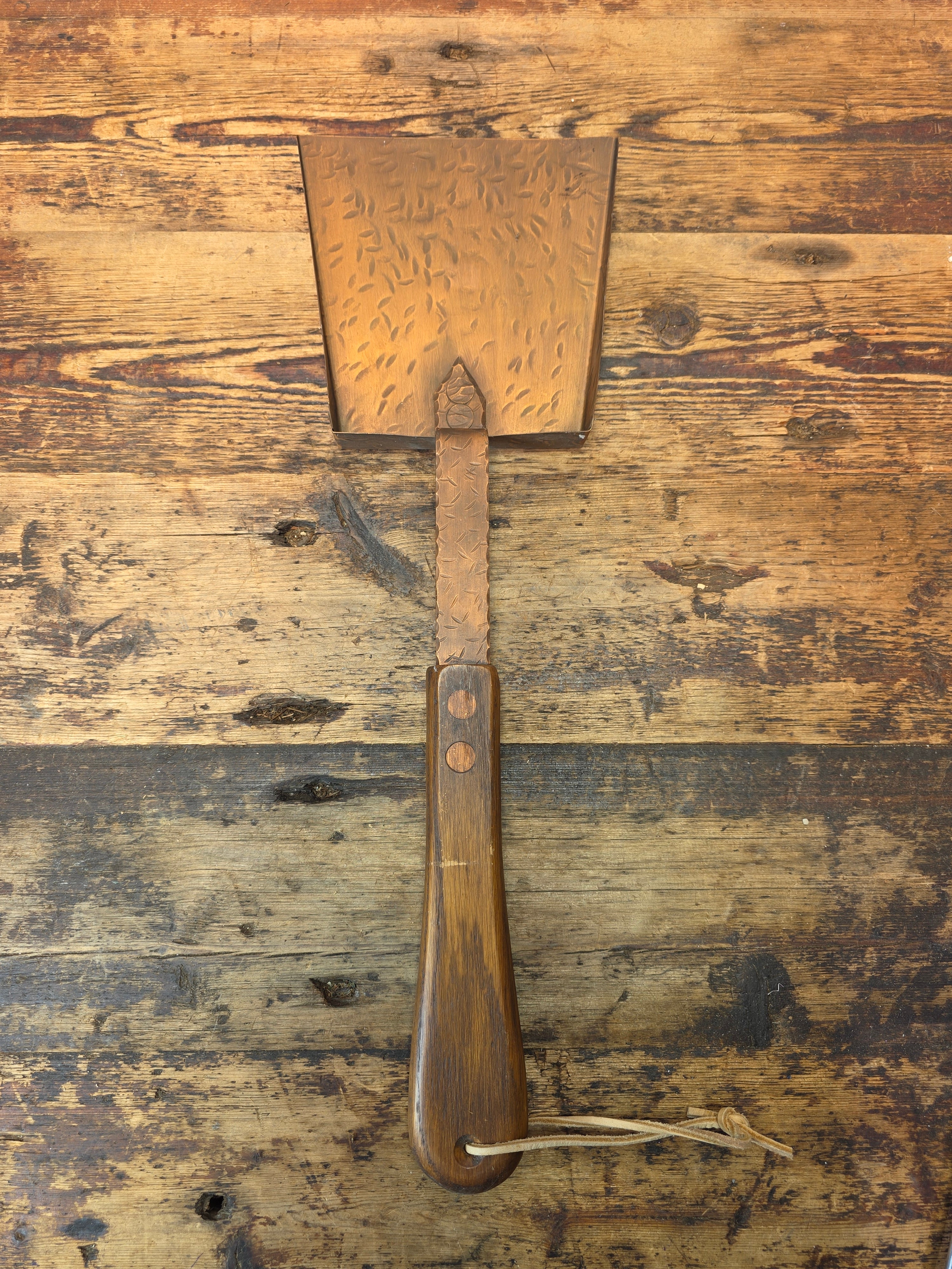 Vintage Fireplace Tool Set Oak Wood Copper Shovel Bellows Brush Wall Mount MCM
