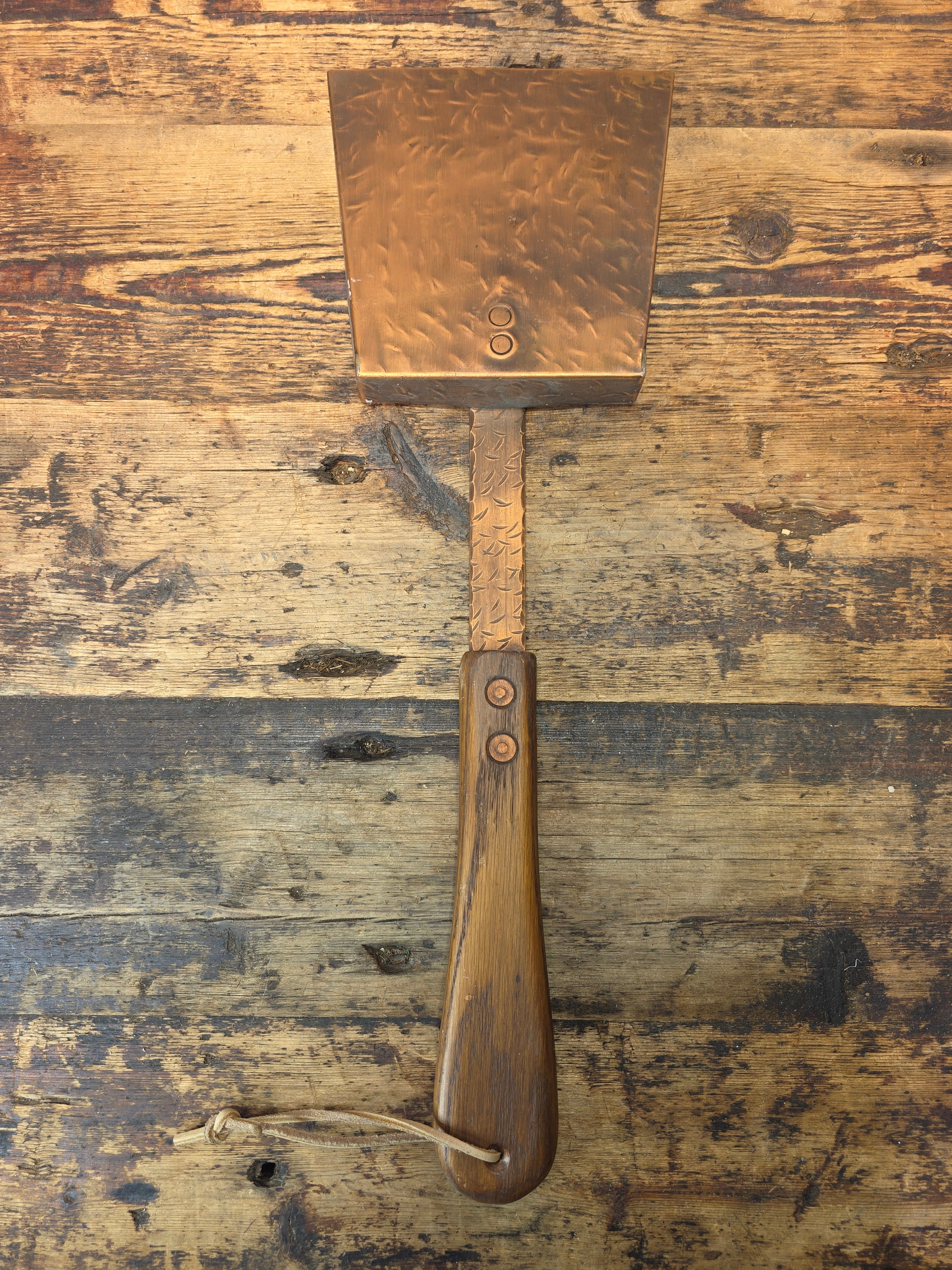 Vintage Fireplace Tool Set Oak Wood Copper Shovel Bellows Brush Wall Mount MCM