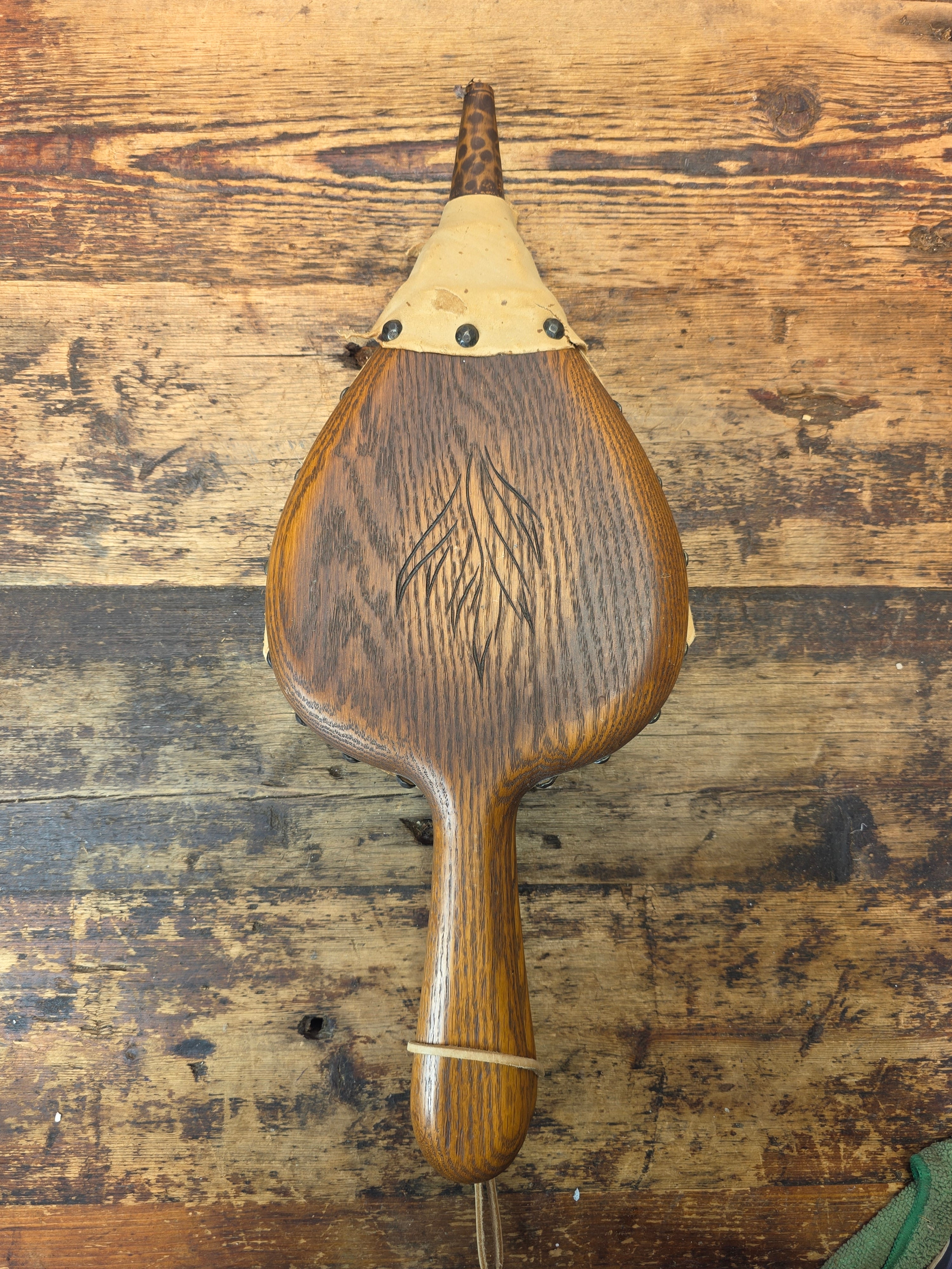Vintage Fireplace Tool Set Oak Wood Copper Shovel Bellows Brush Wall Mount MCM