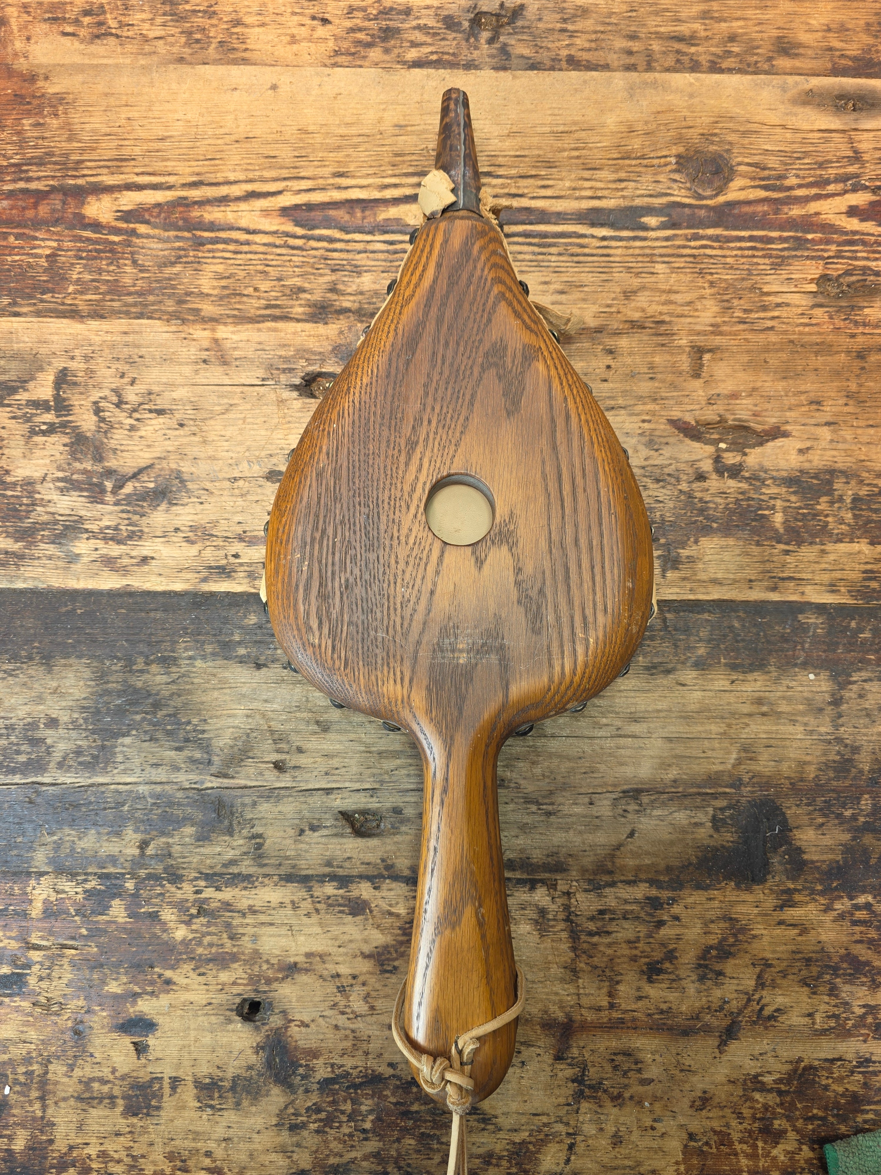 Vintage Fireplace Tool Set Oak Wood Copper Shovel Bellows Brush Wall Mount MCM