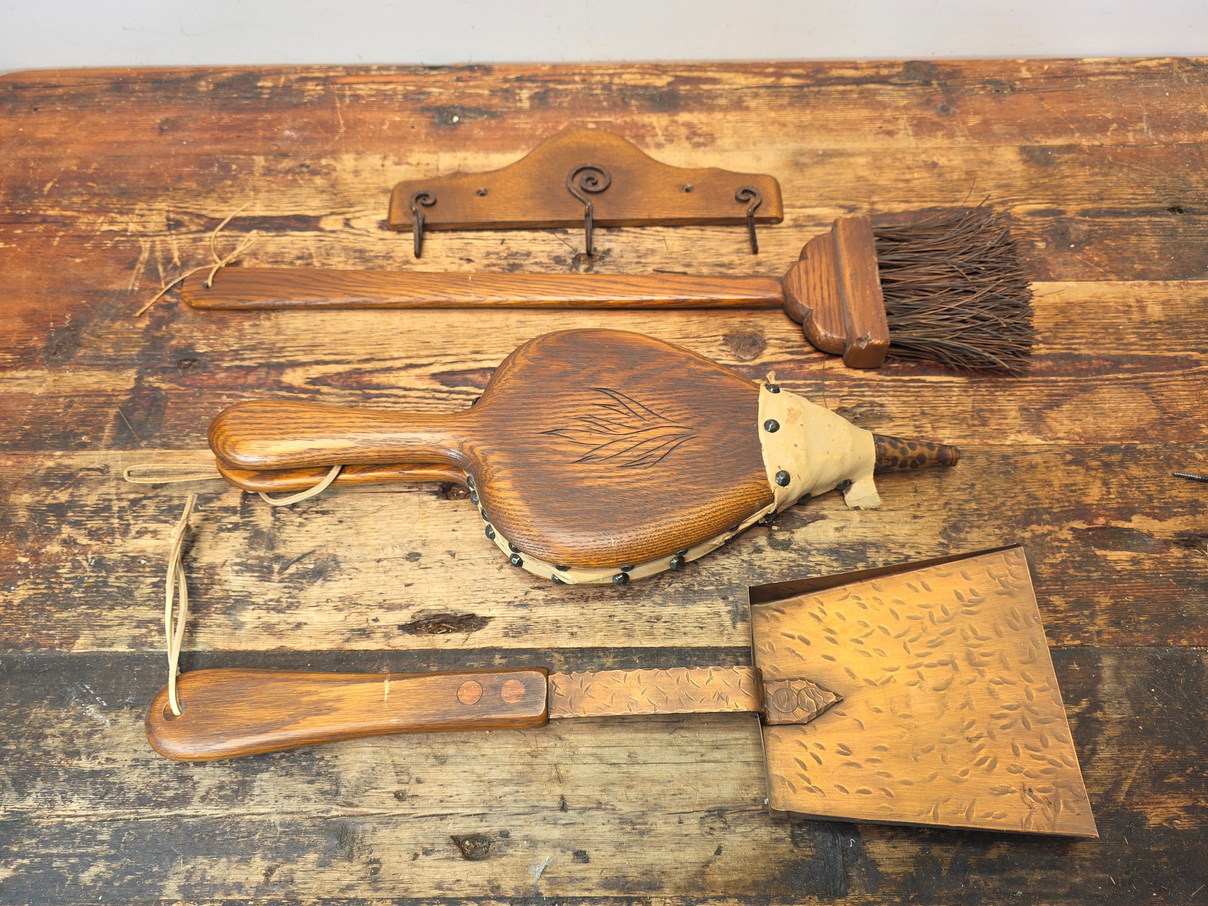 Vintage Fireplace Tool Set Oak Wood Copper Shovel Bellows Brush Wall Mount MCM