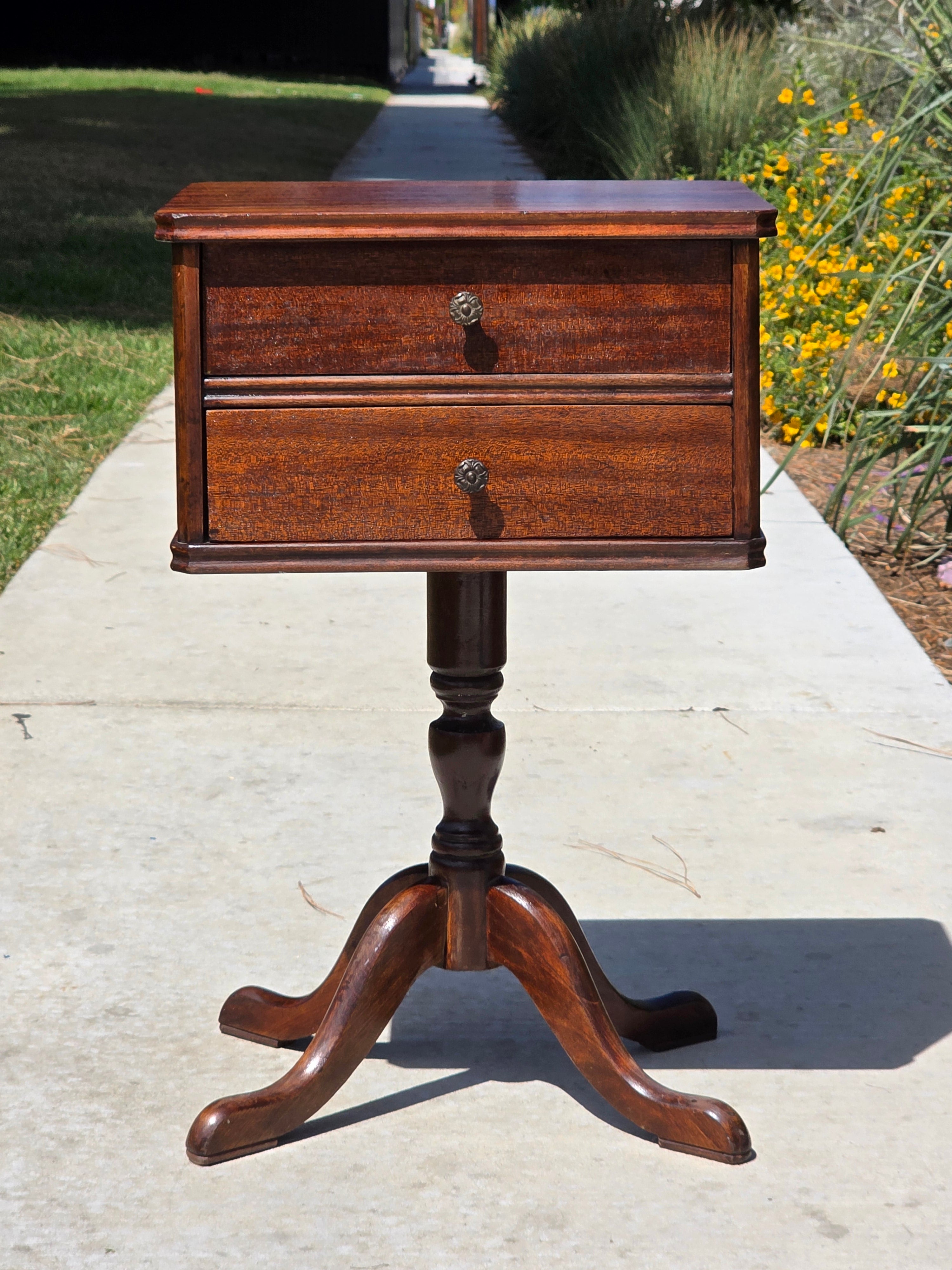 Vintage Duncan Phyfe Style Sewing Cabinet Side Table Mahogany Wood Spool Drawer