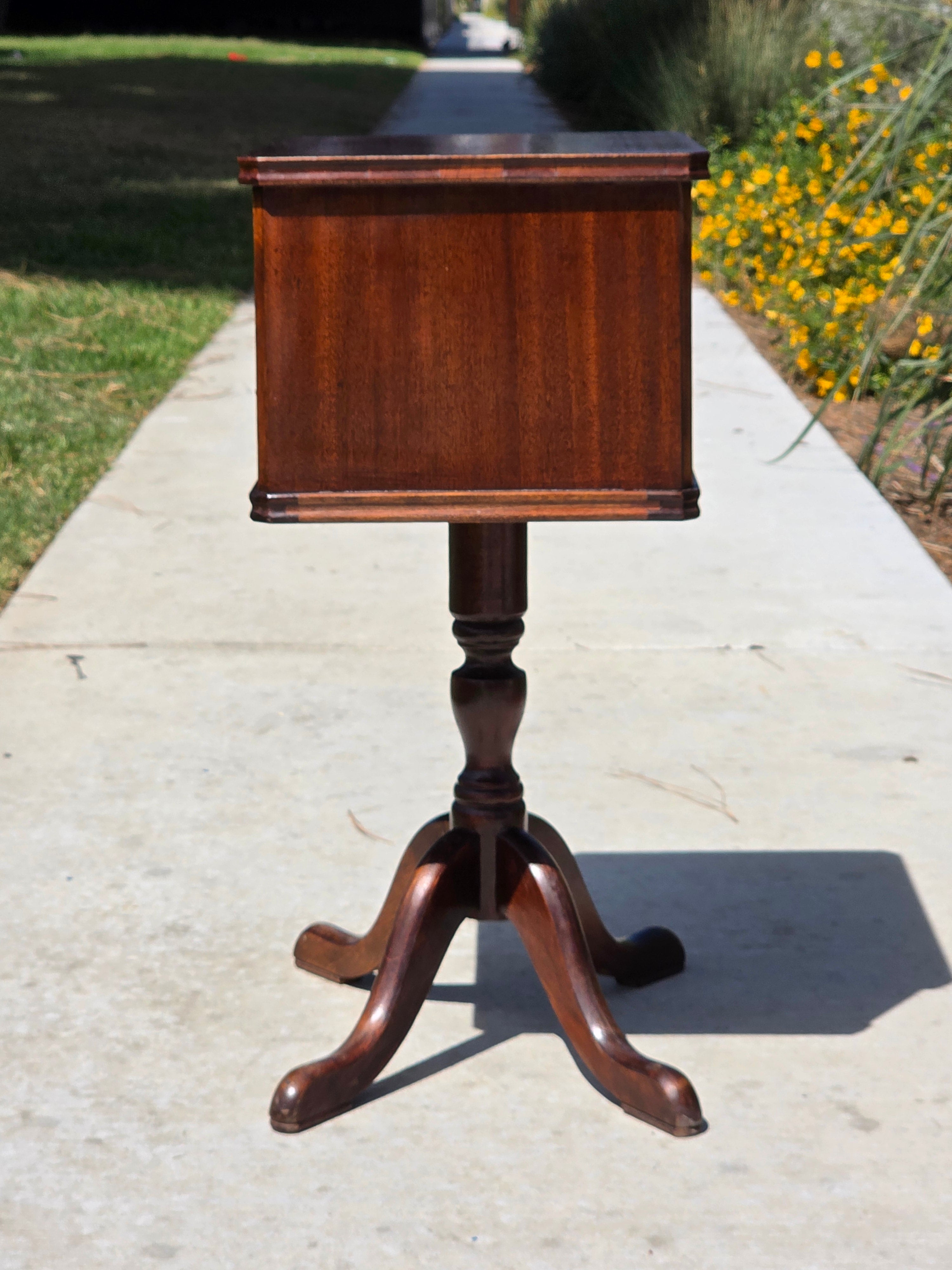 Vintage Duncan Phyfe Style Sewing Cabinet Side Table Mahogany Wood Spool Drawer