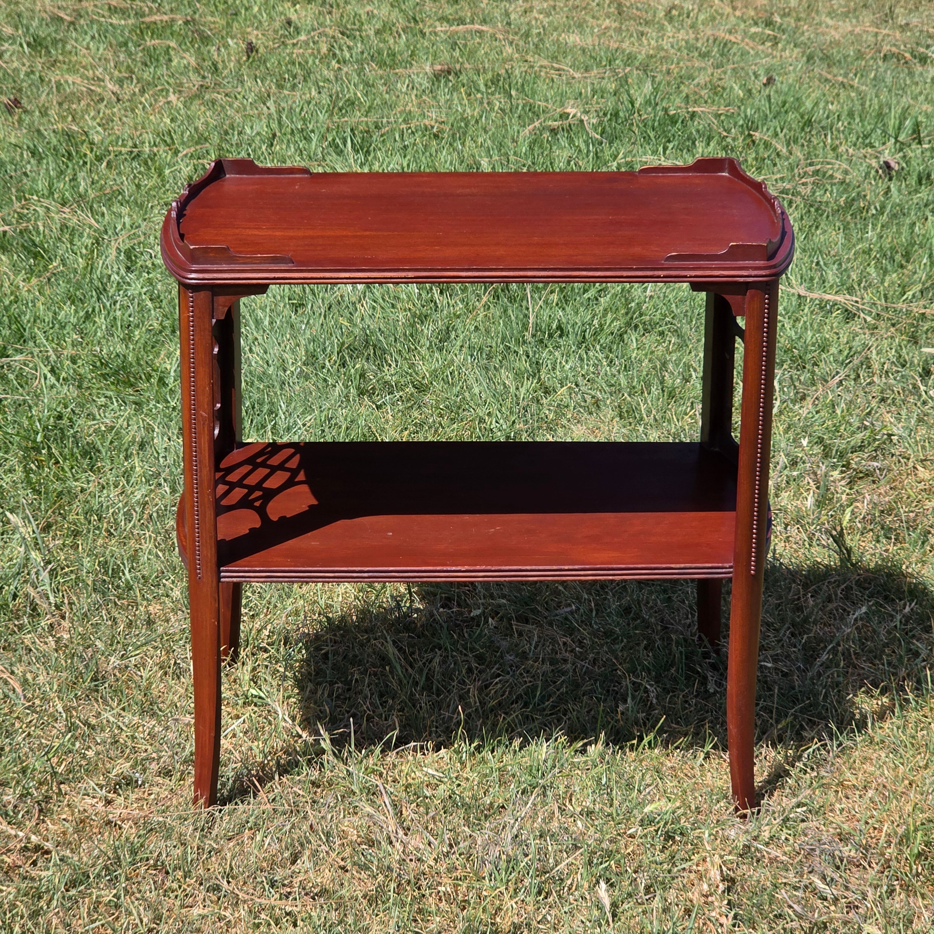Vintage Butler Side Table Magazine Rack Mahogany Fretwork Beaded Leg