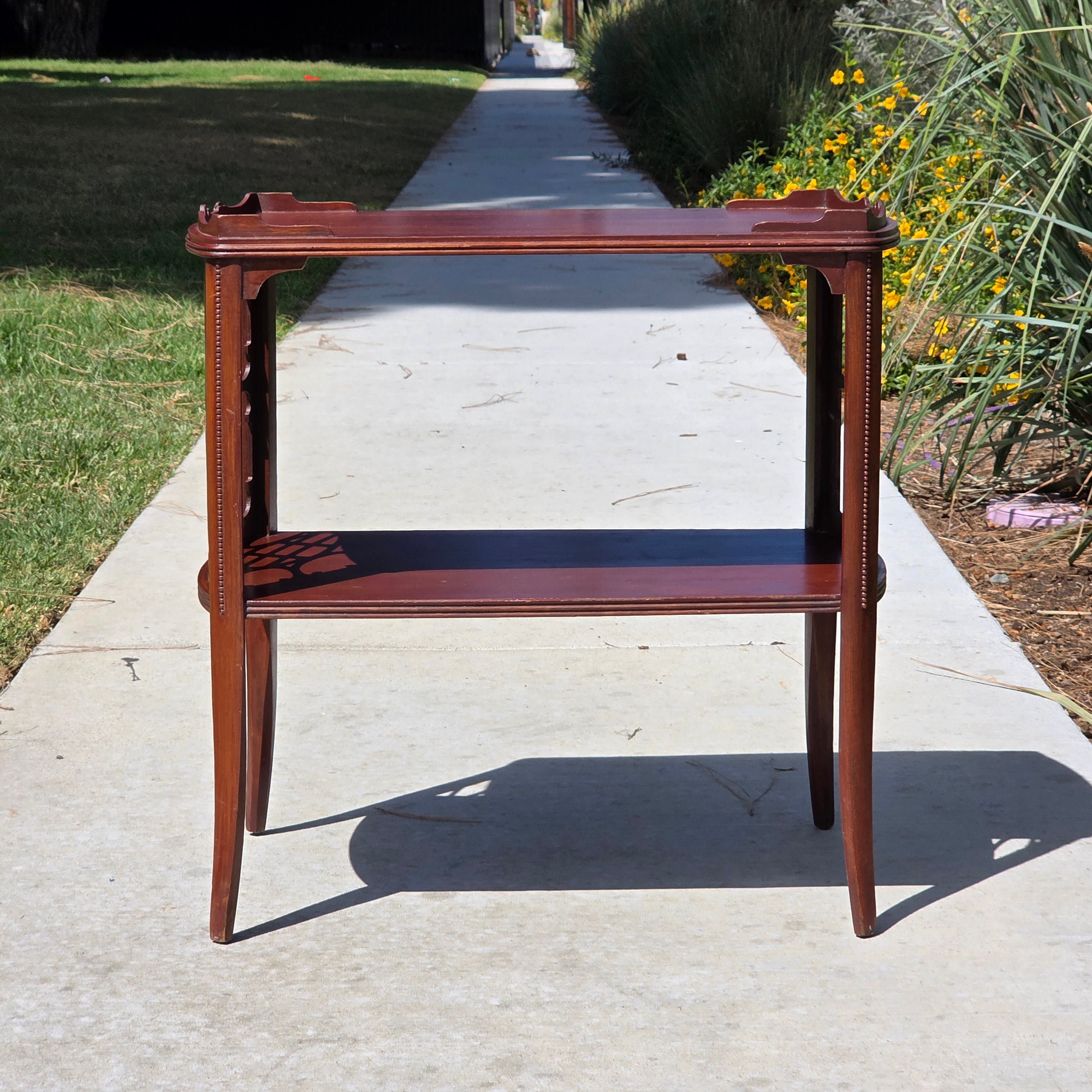 Vintage Butler Side Table Magazine Rack Mahogany Fretwork Beaded Leg
