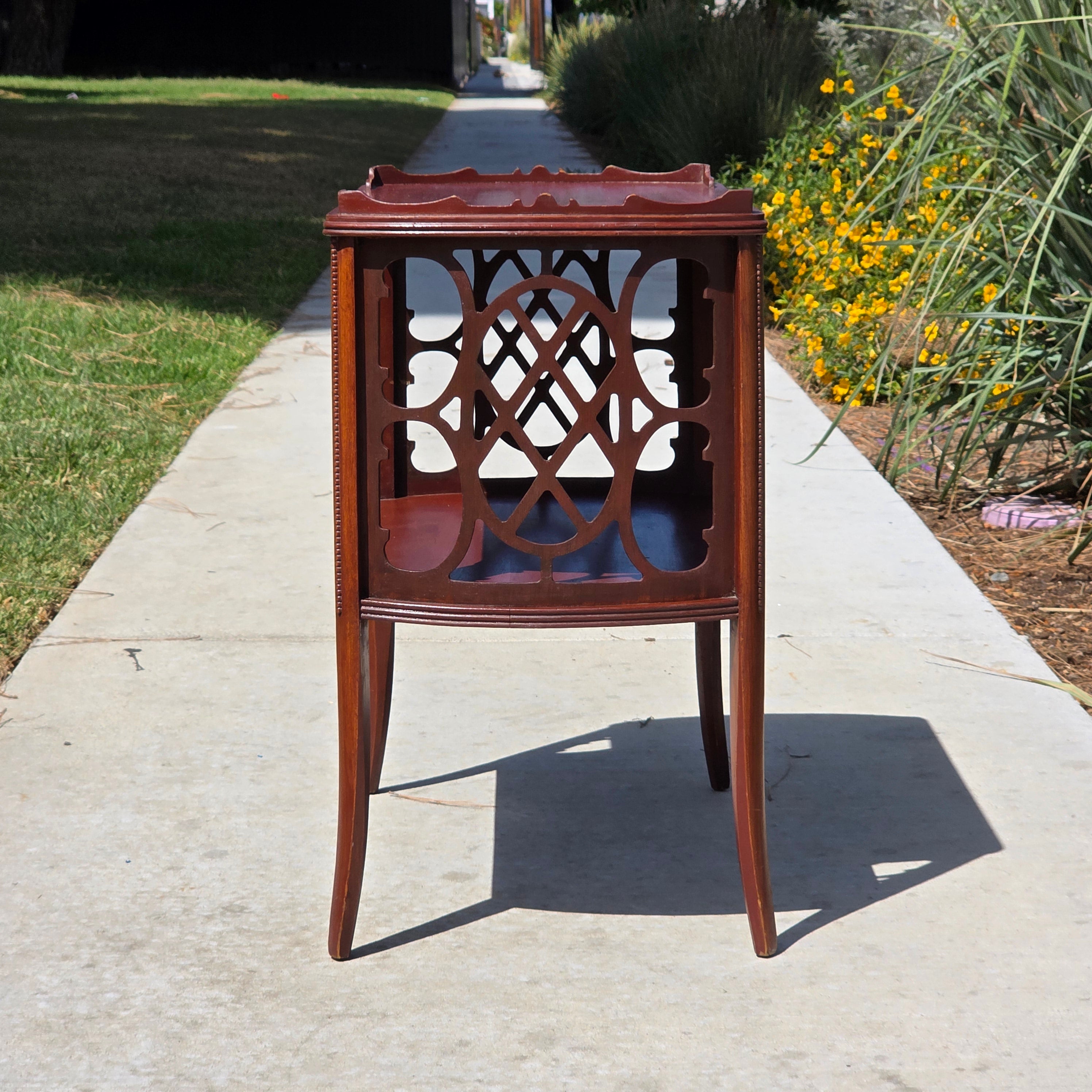 Vintage Butler Side Table Magazine Rack Mahogany Fretwork Beaded Leg