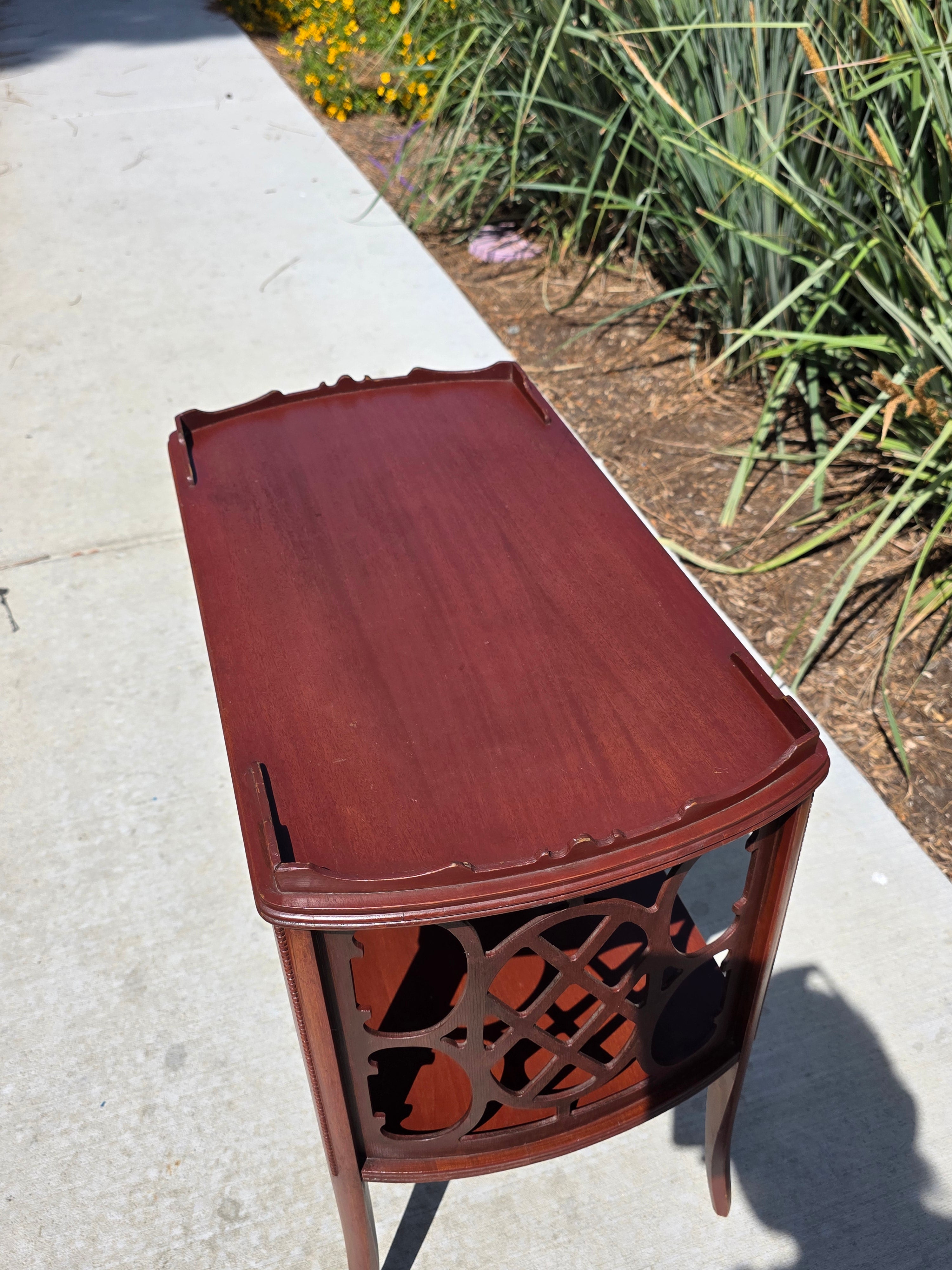 Vintage Butler Side Table Magazine Rack Mahogany Fretwork Beaded Leg