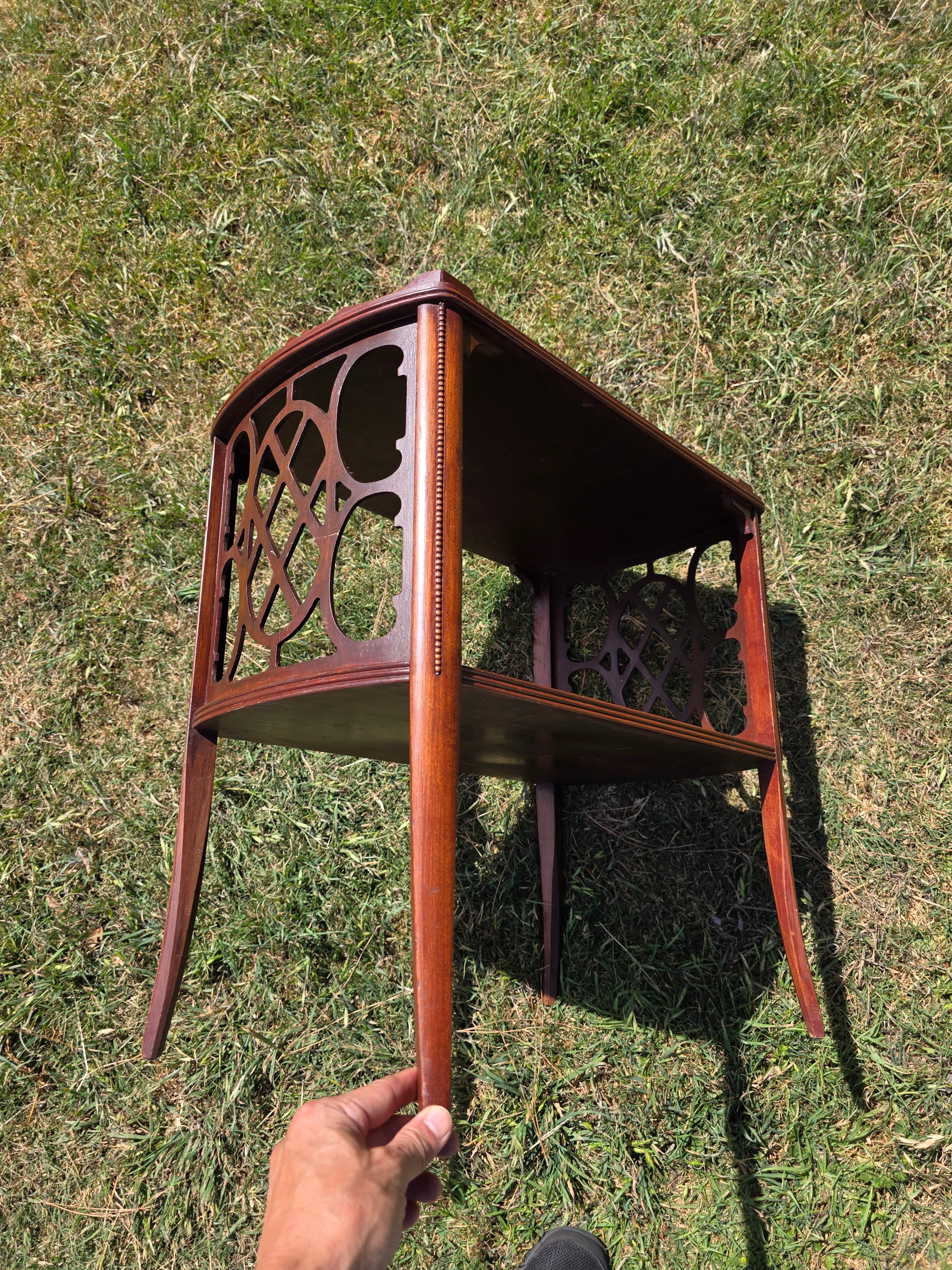 Vintage Butler Side Table Magazine Rack Mahogany Fretwork Beaded Leg