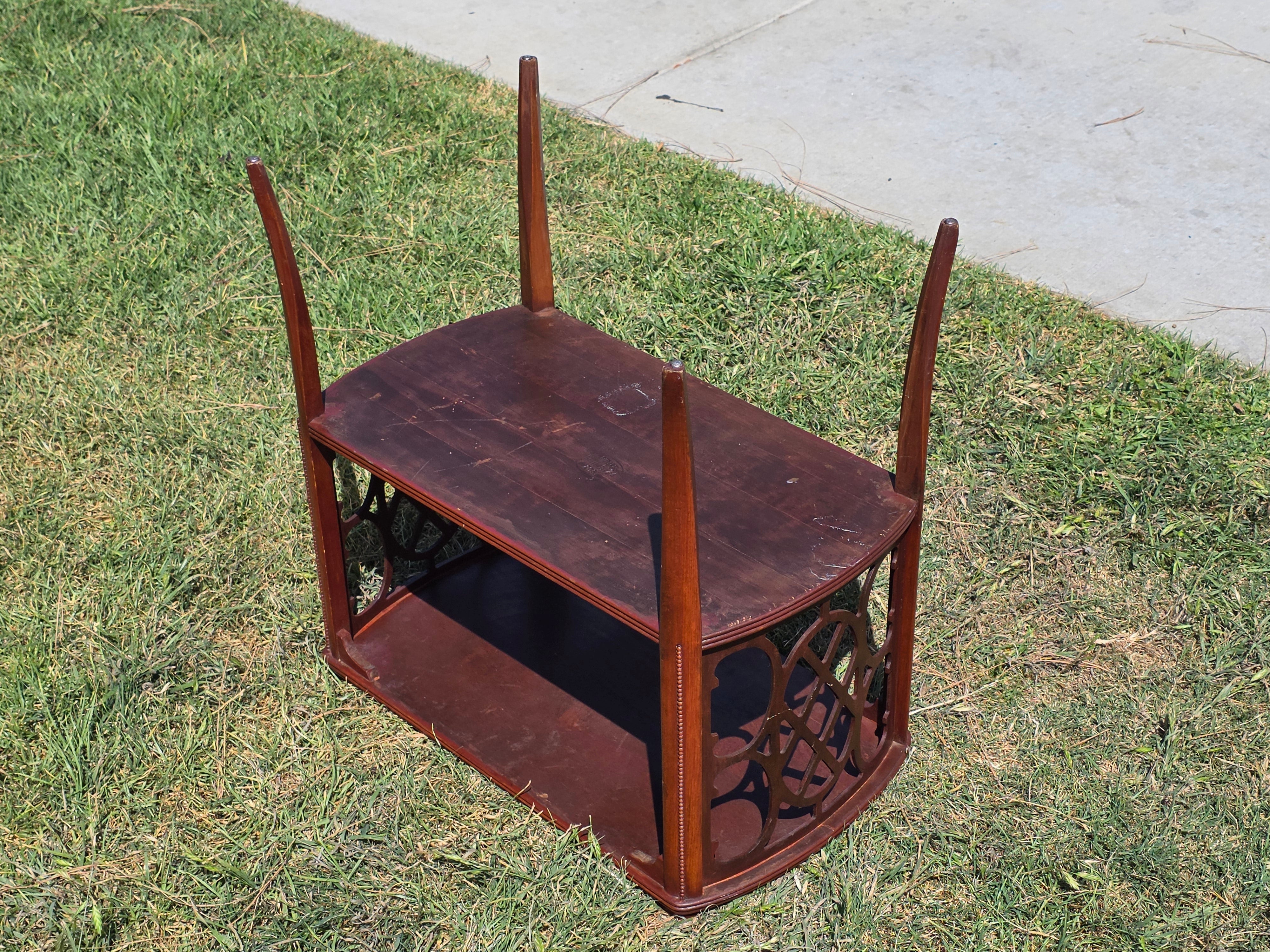 Vintage Butler Side Table Magazine Rack Mahogany Fretwork Beaded Leg