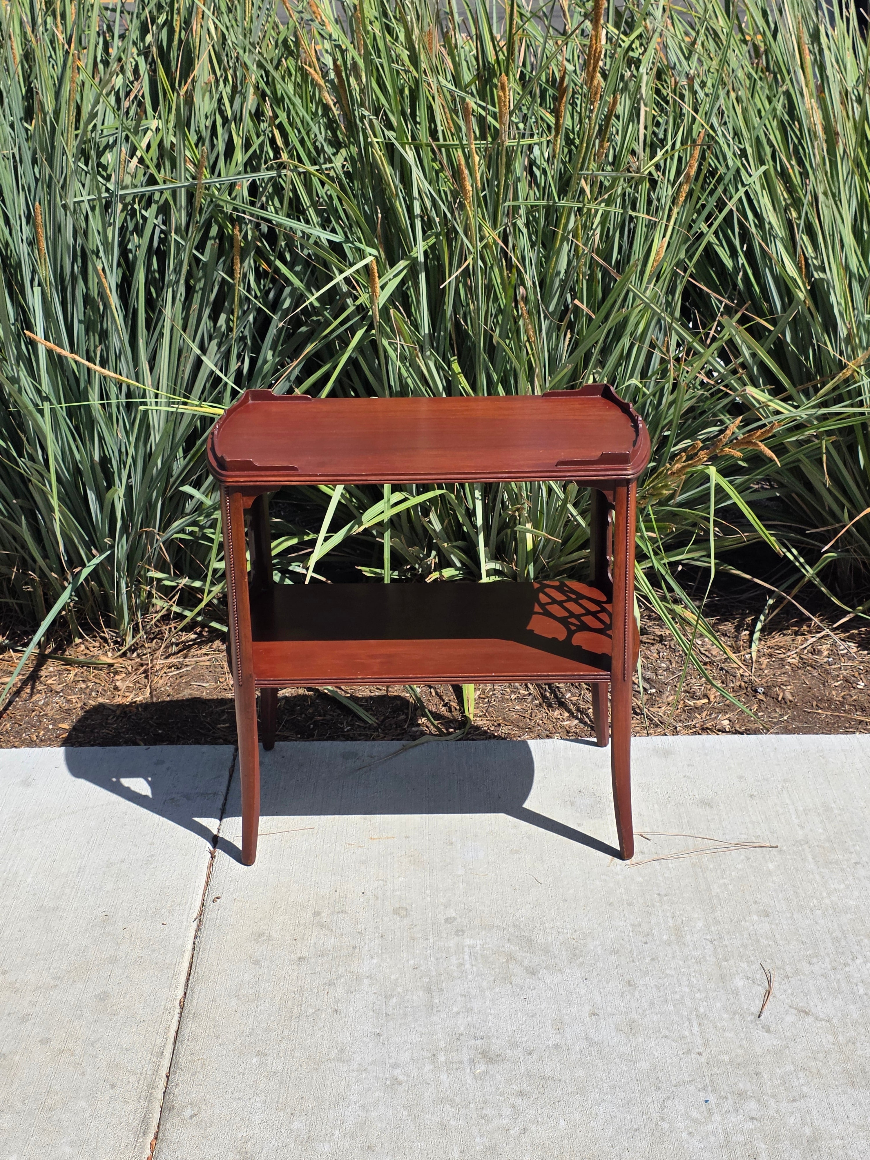 Vintage Butler Side Table Magazine Rack Mahogany Fretwork Beaded Leg