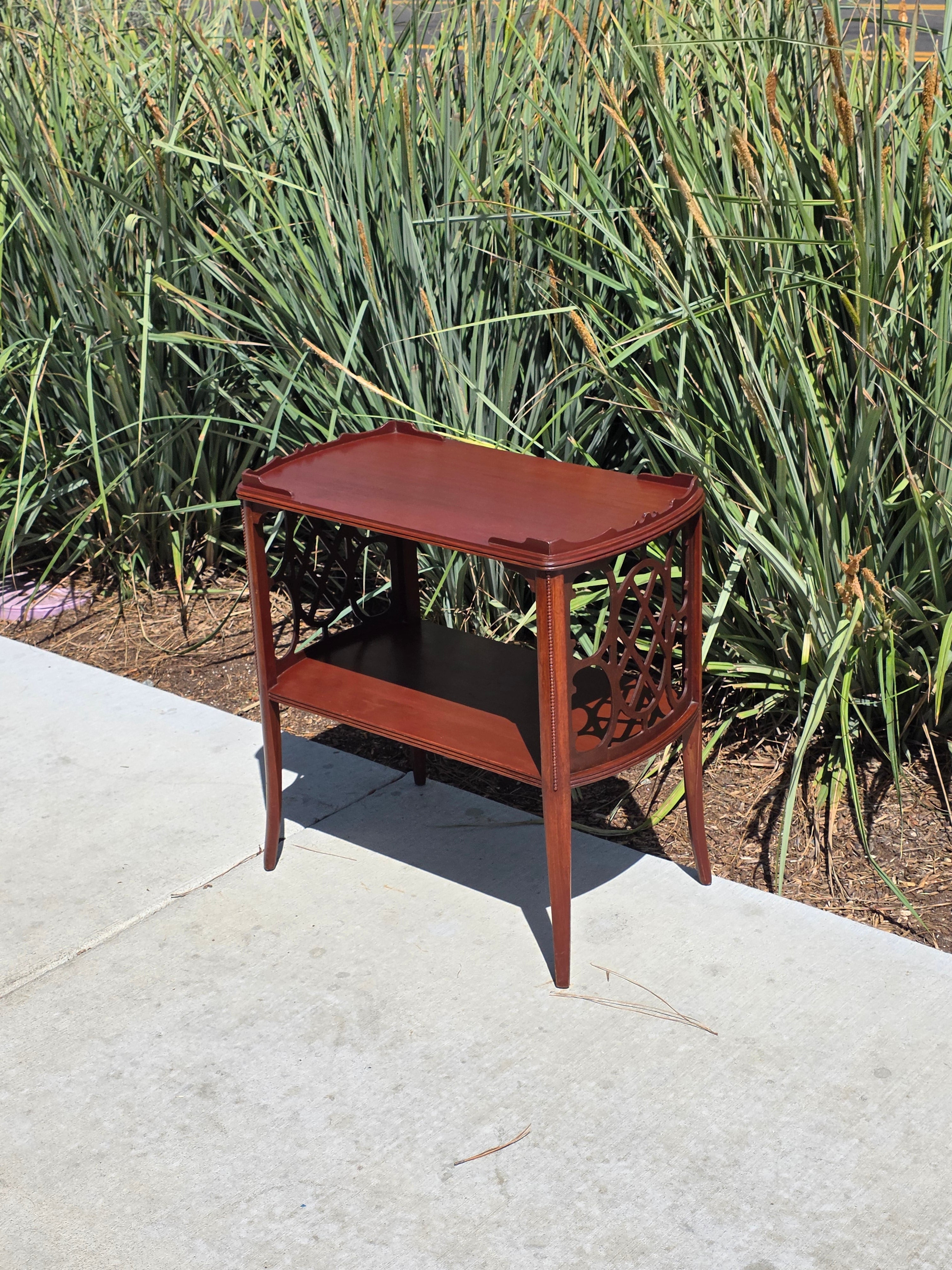 Vintage Butler Side Table Magazine Rack Mahogany Fretwork Beaded Leg