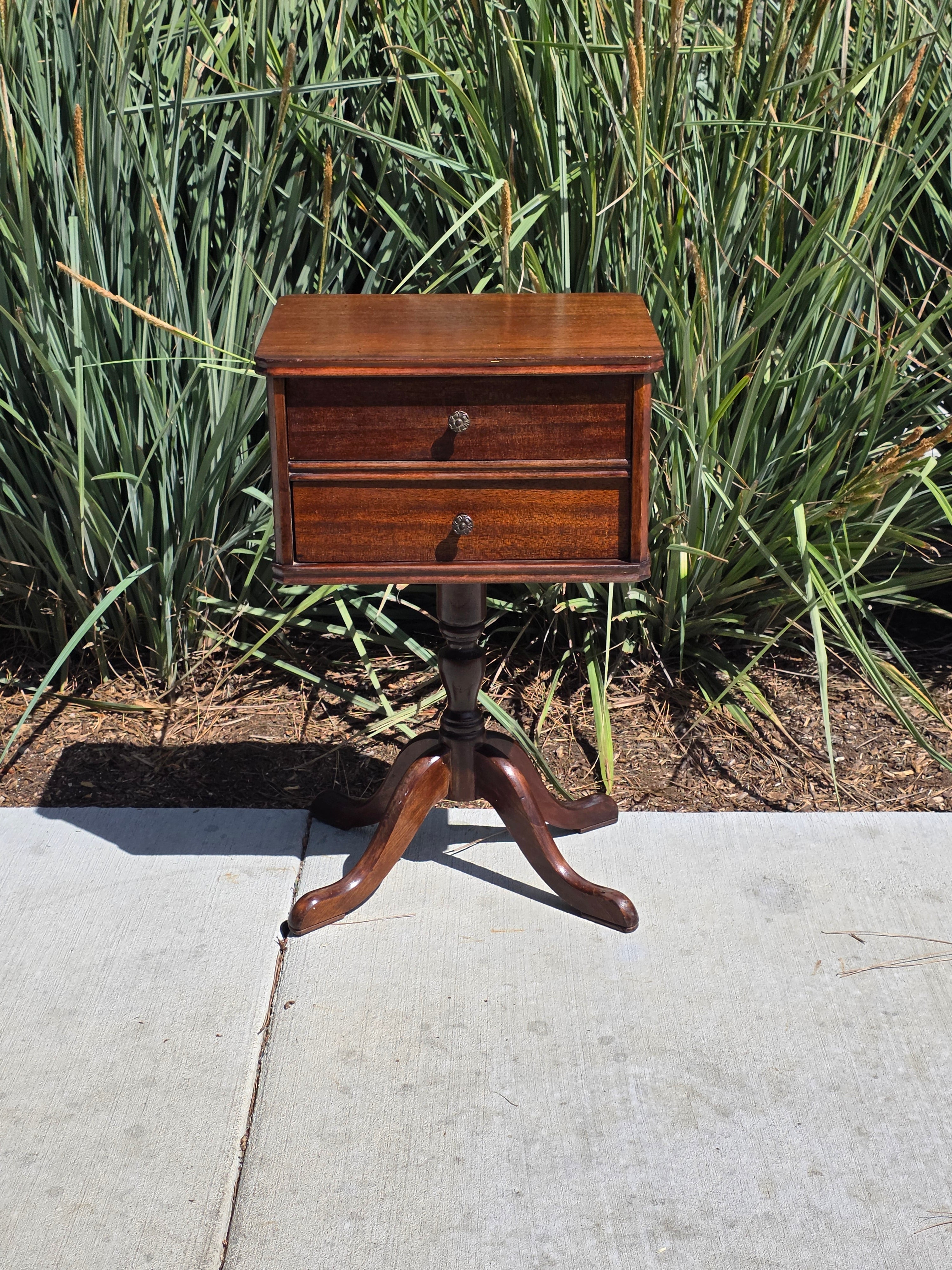 Vintage Duncan Phyfe Style Sewing Cabinet Side Table Mahogany Wood Spool Drawer