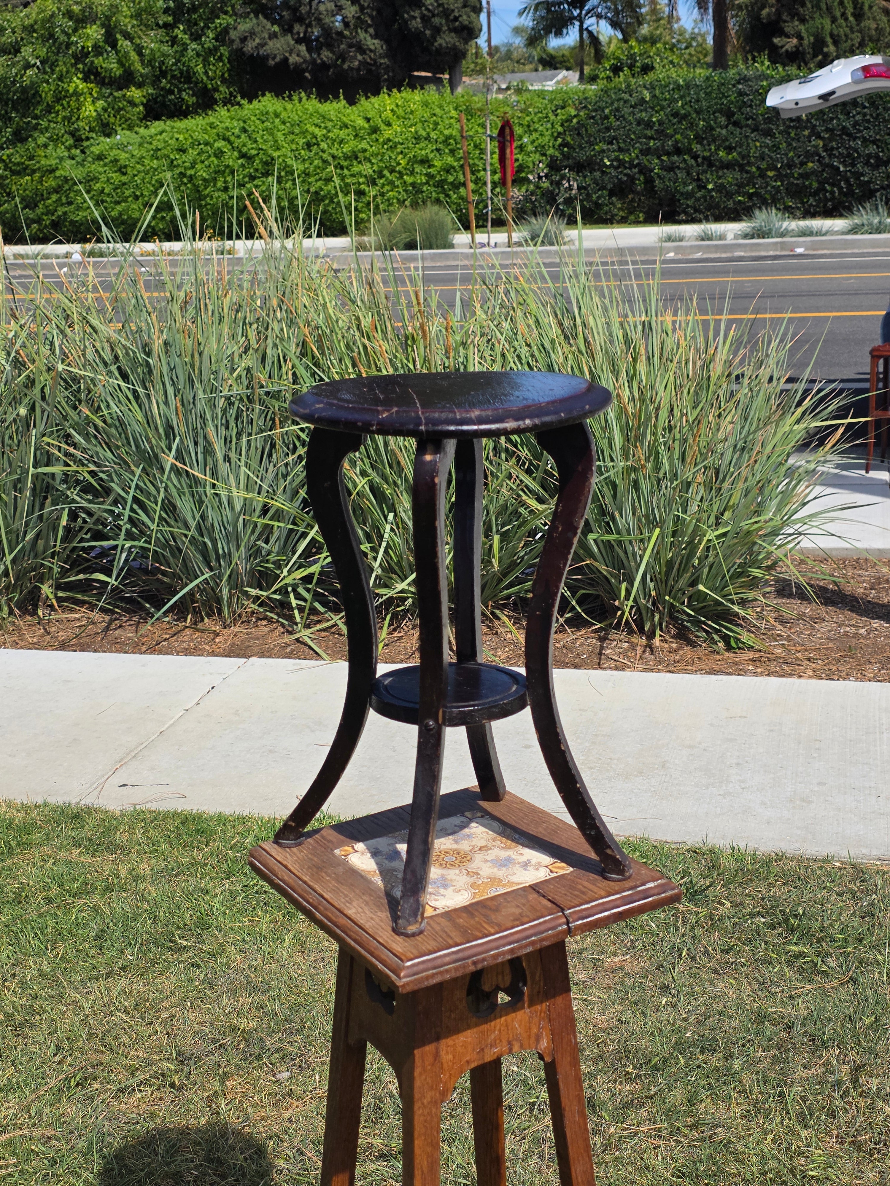 Antique Wood Plant Stand Parlor Table 16" Small Round Pedestal Slotted Screws