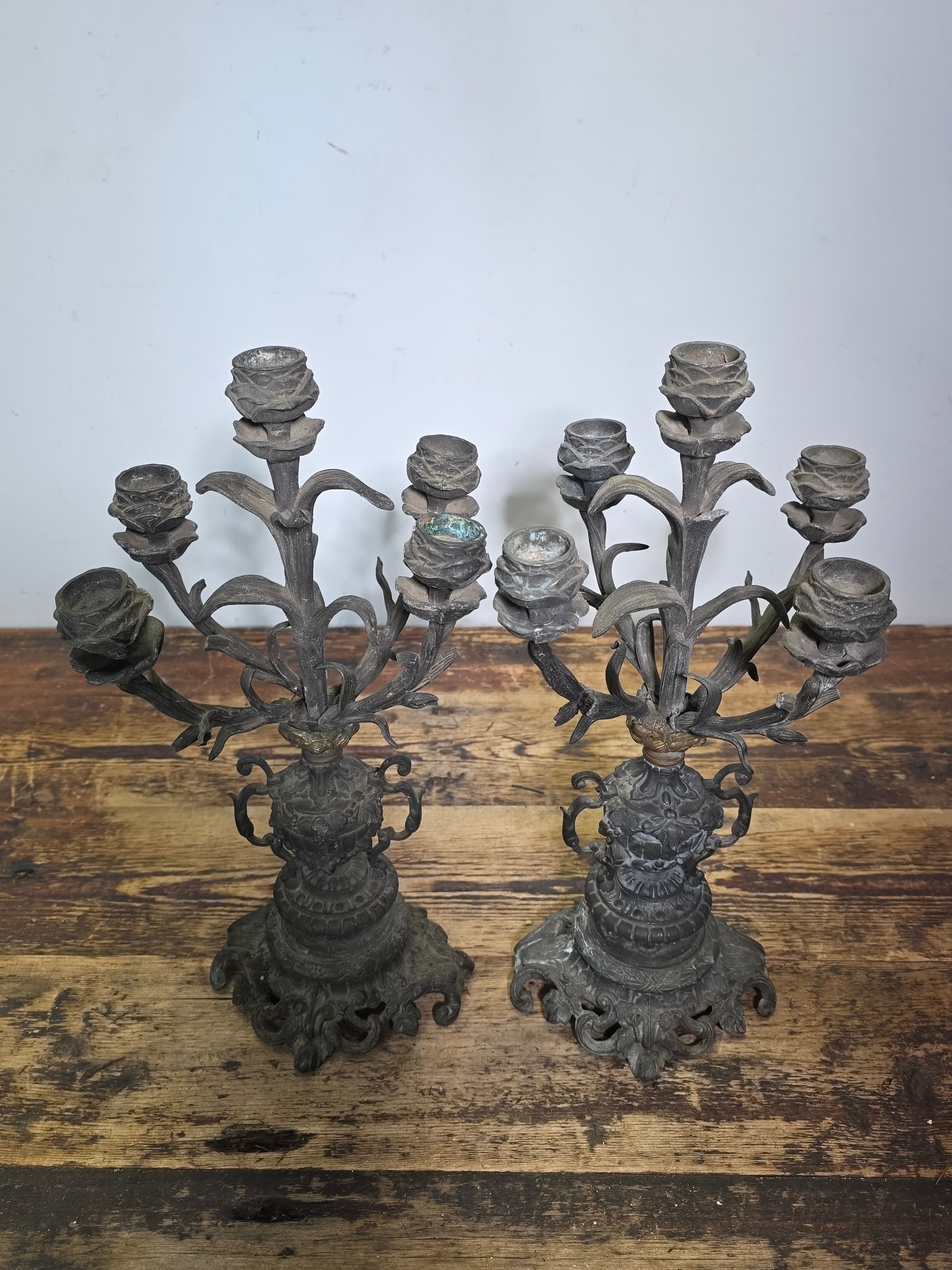 Antique French Rococo 5-Light Candelabra Pair Rose Spelter 15.5" - DAMAGED AS-IS