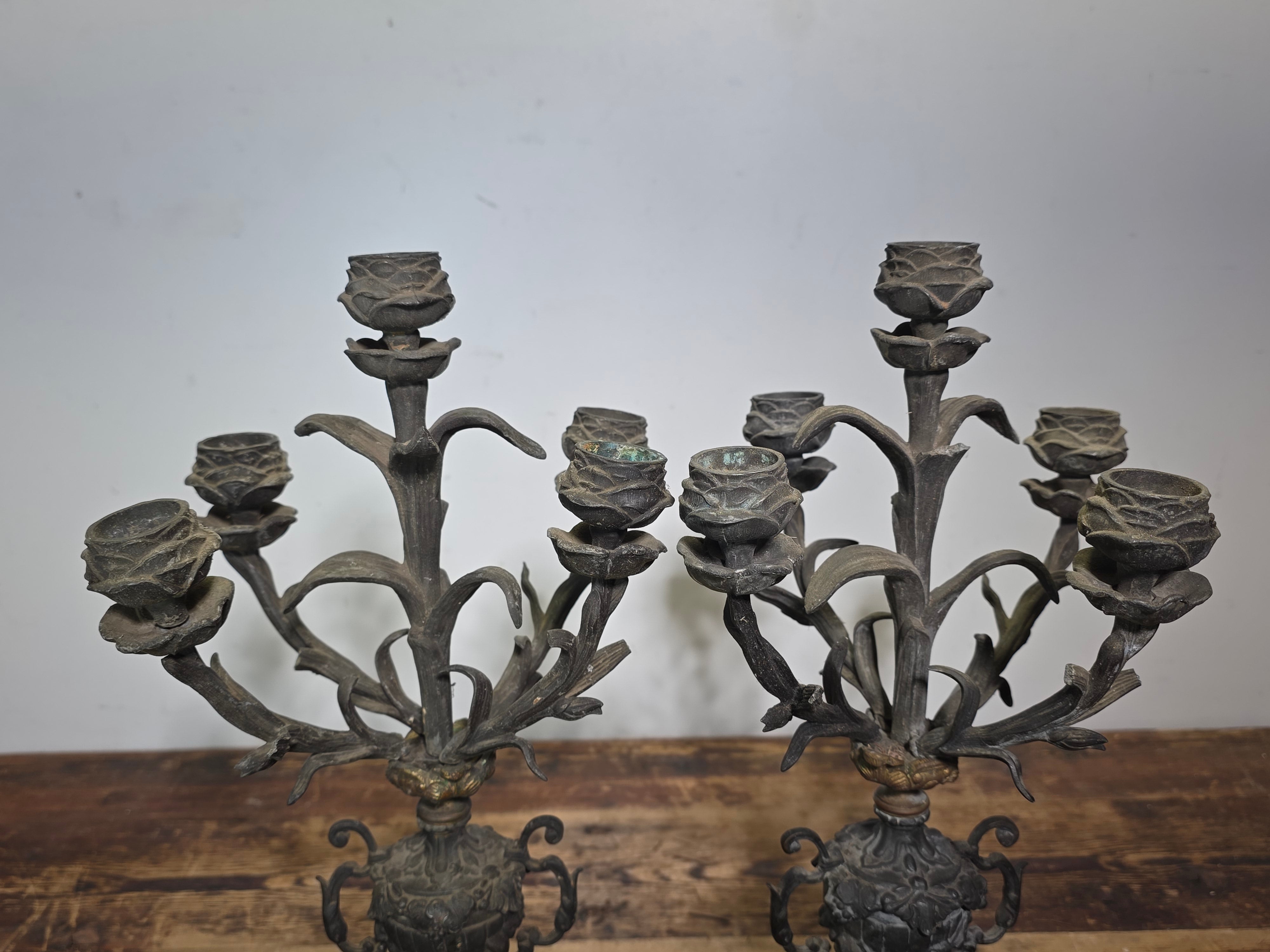 Antique French Rococo 5-Light Candelabra Pair Rose Spelter 15.5" - DAMAGED AS-IS