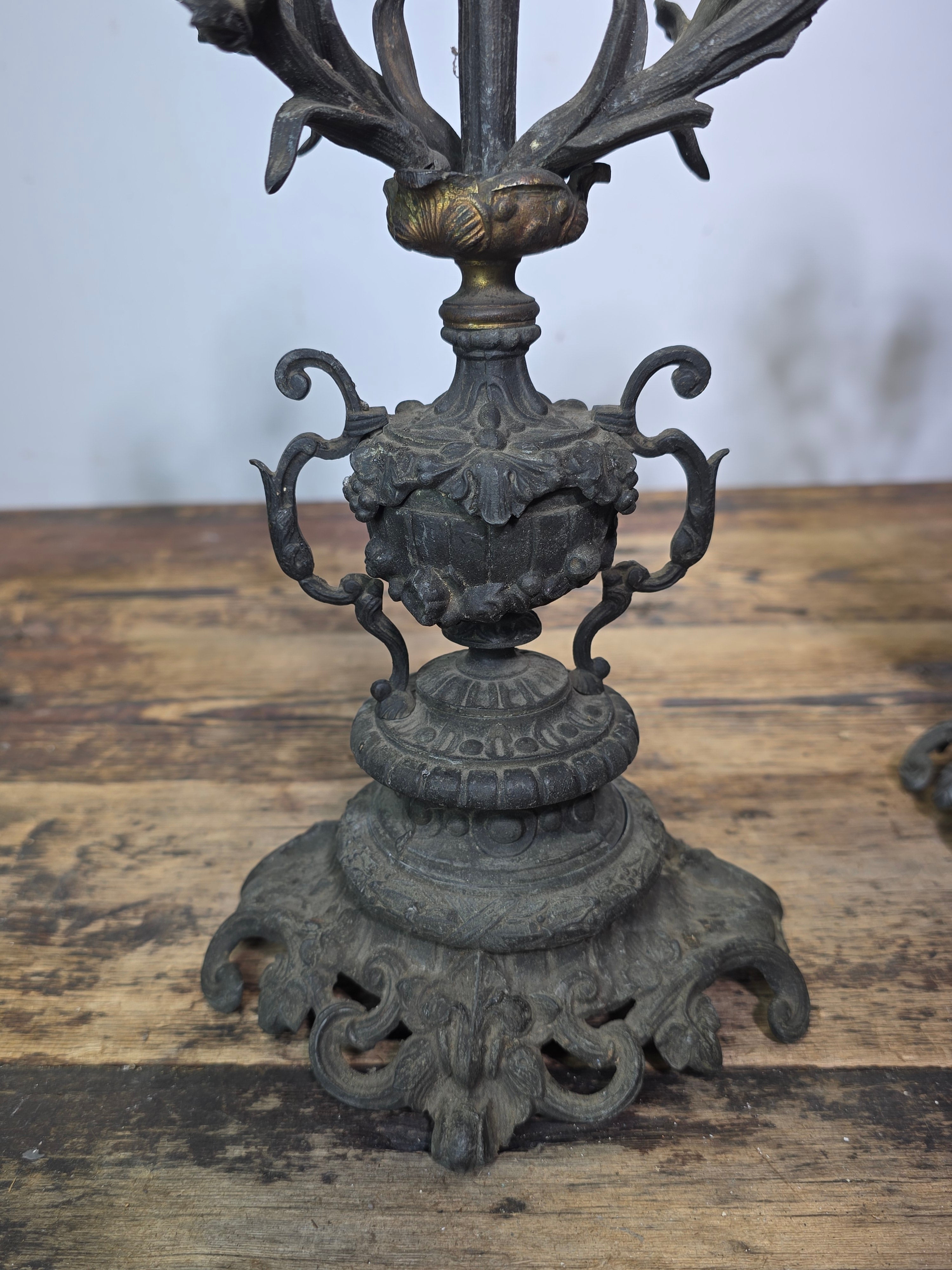 Antique French Rococo 5-Light Candelabra Pair Rose Spelter 15.5" - DAMAGED AS-IS