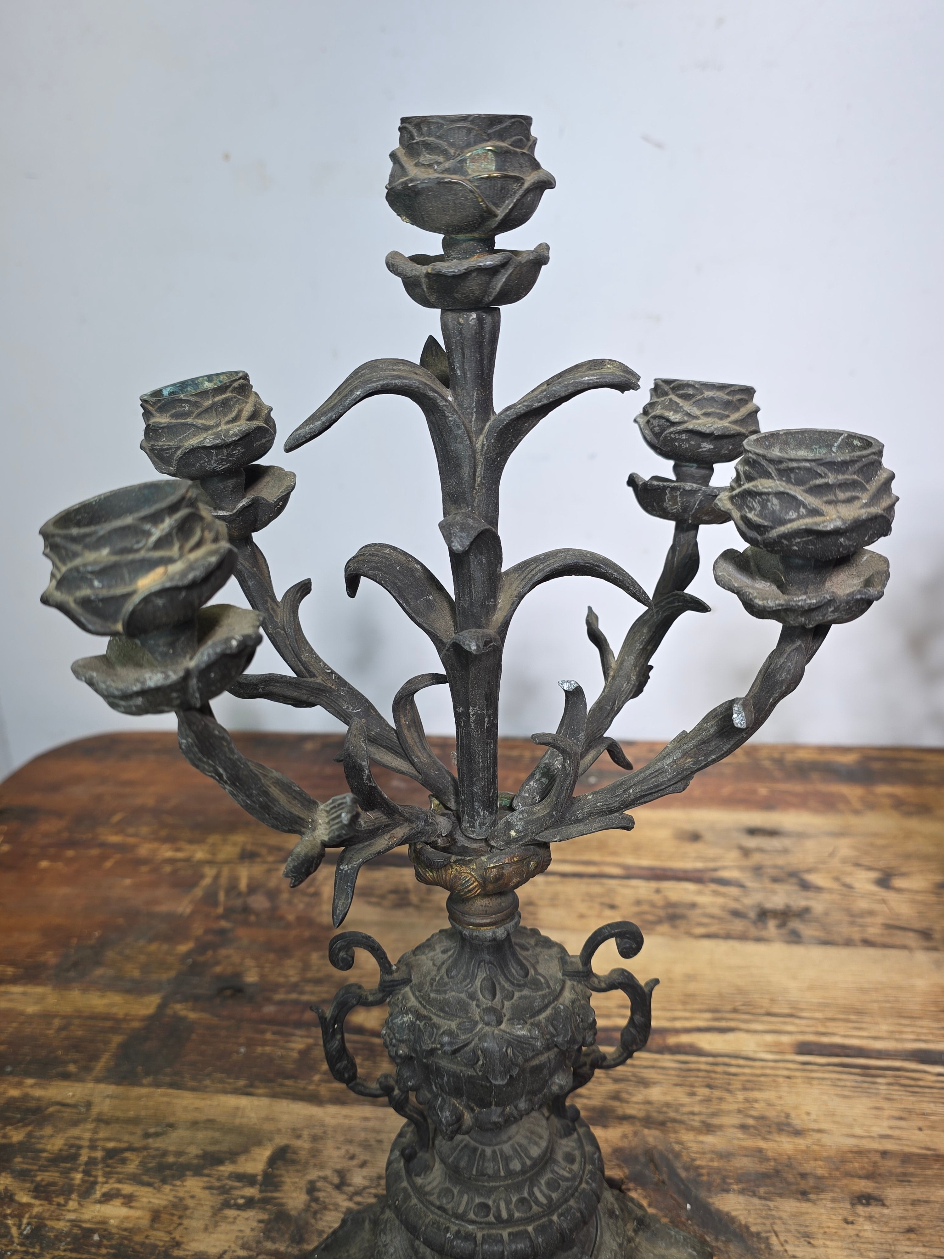 Antique French Rococo 5-Light Candelabra Pair Rose Spelter 15.5" - DAMAGED AS-IS