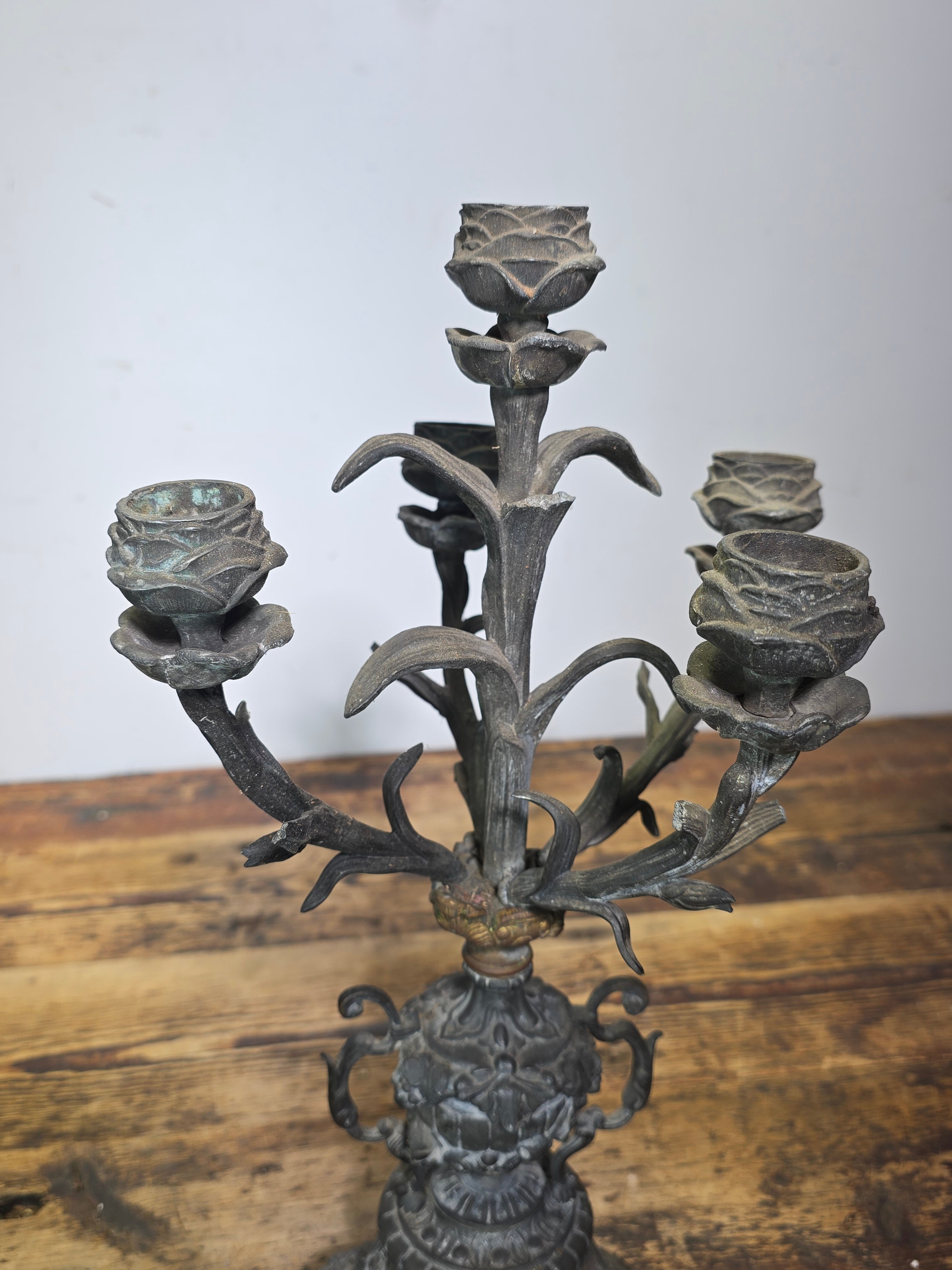 Antique French Rococo 5-Light Candelabra Pair Rose Spelter 15.5" - DAMAGED AS-IS
